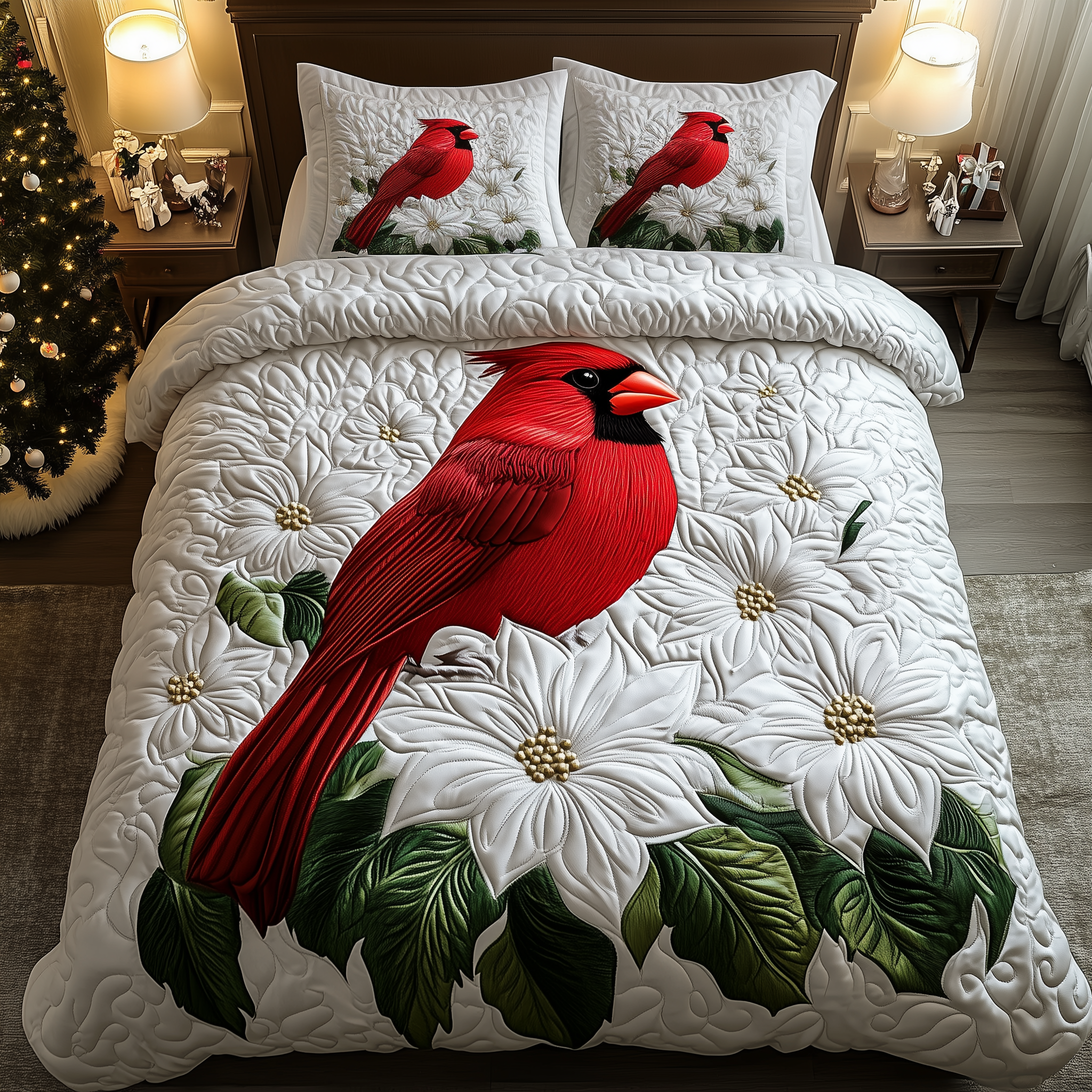 Cardinals in Bloom Quilted Bedding Set Cozy Christmas Bedrooms Gifts For Cardinal Lovers