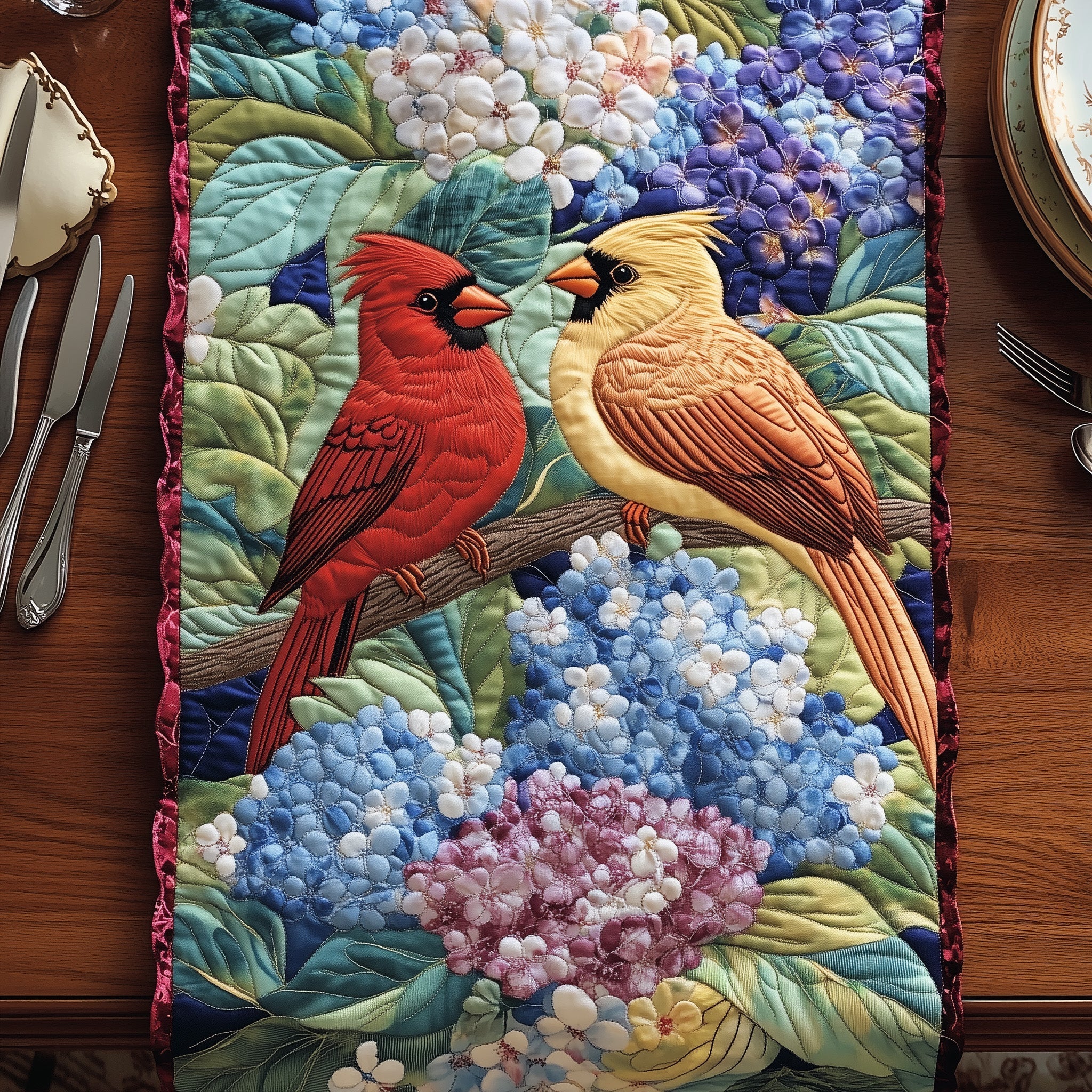 Cardinals in Bloom Quilted Table Runner Dining Room Decor Red Cardinal Bird Gifts