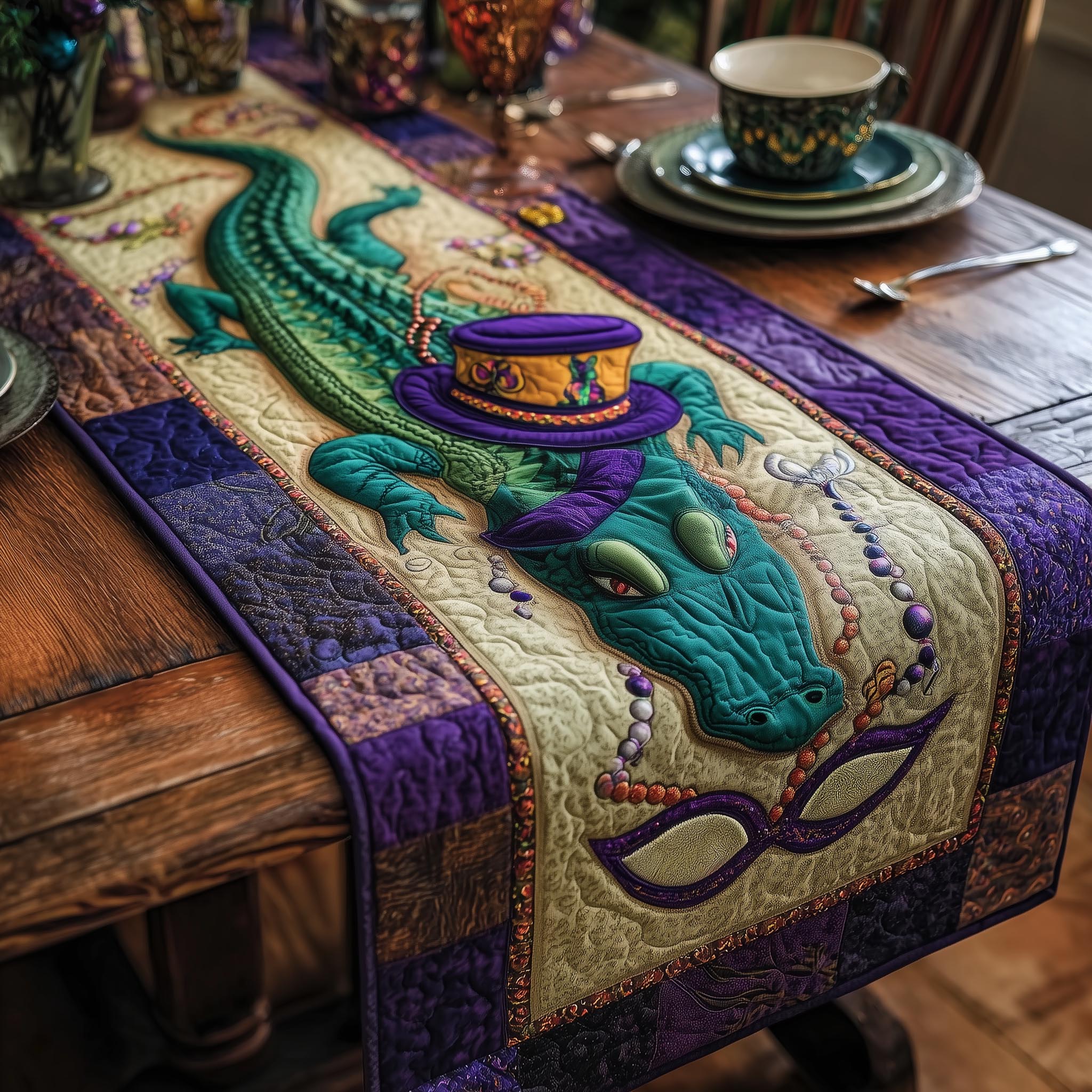 Carnival Glow Quilted Table Runner Holiday Dining Table Decor Unique Mardi Gras Gifts