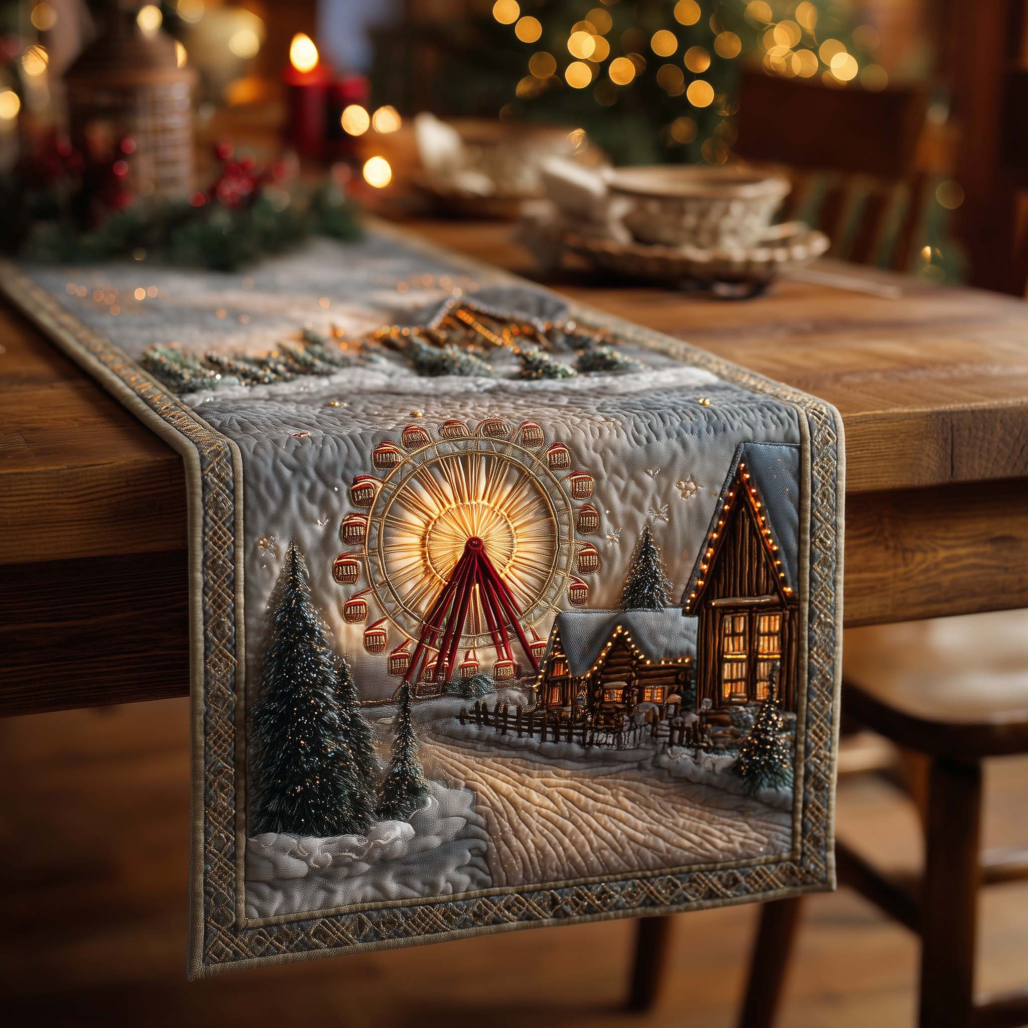 Carnival Village Quilted Table Runner Christmas Dining Room Decor Family Xmas Presents