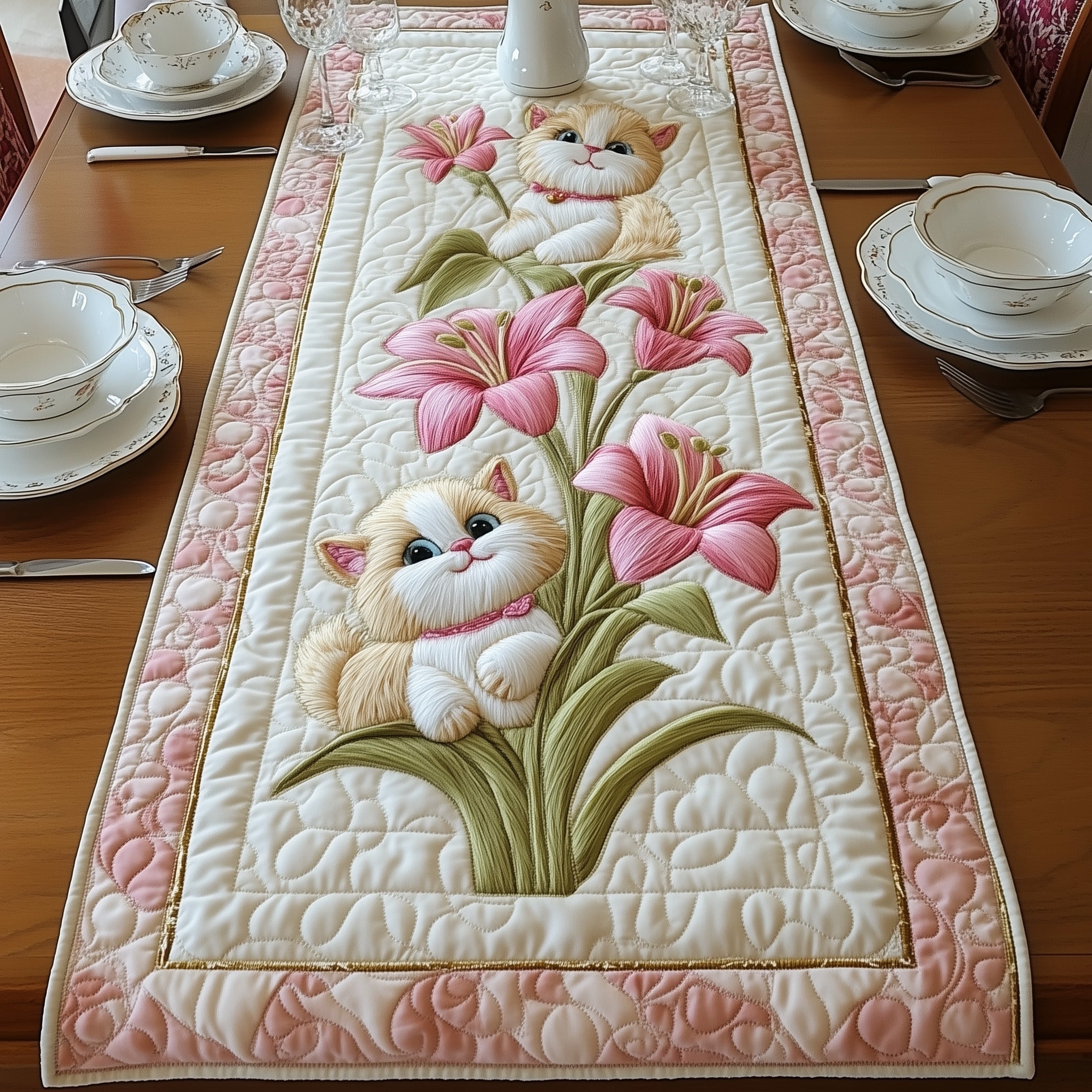 Cat Among Lilies Quilted Table Runner Dining Room Table Runners Gift Ideas For Cat People