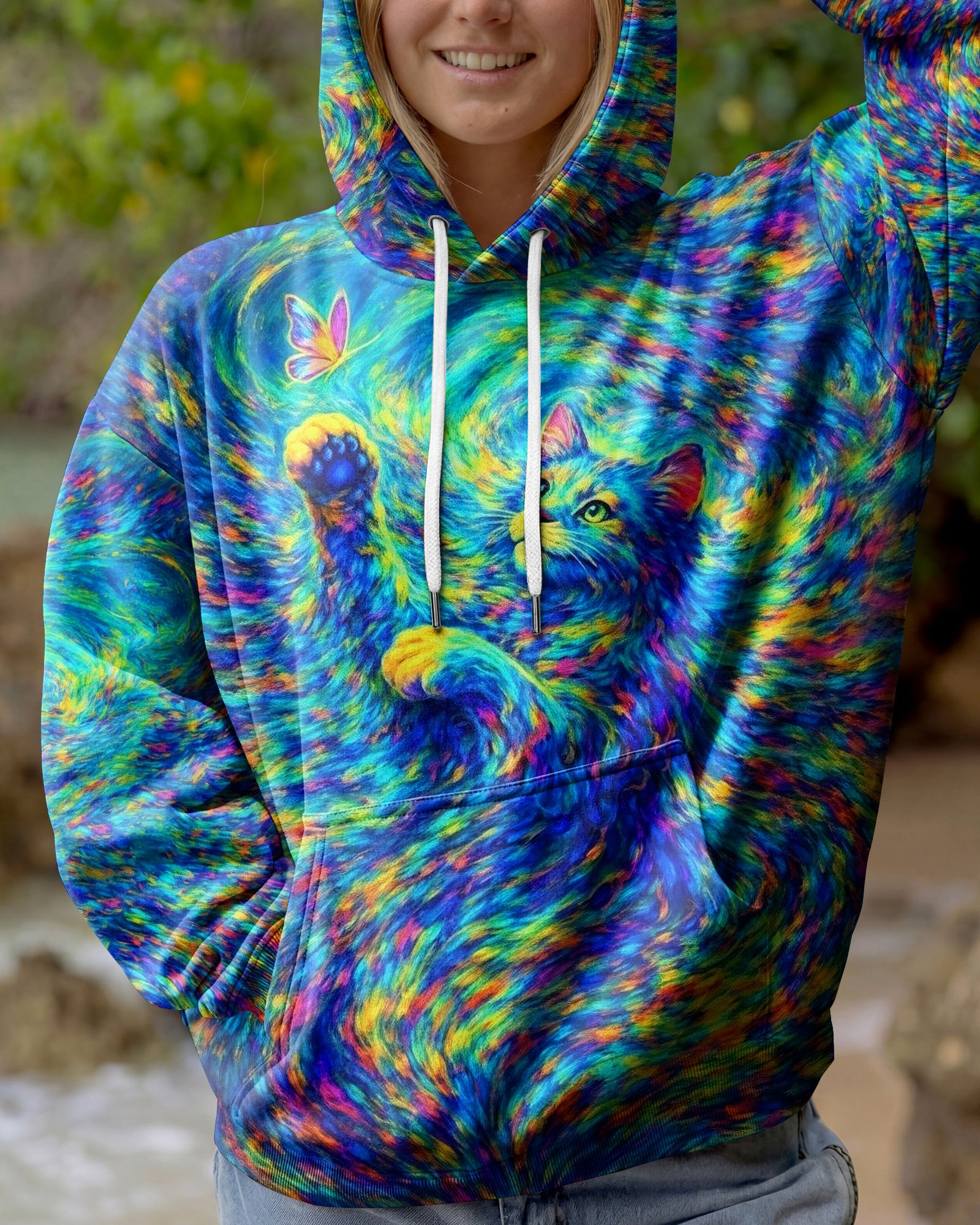 Cat Aurora Spirit All Over Tie Dye Hoodie Psychedelic Cat With Butterfly Clothing Gift For Her - Image 2