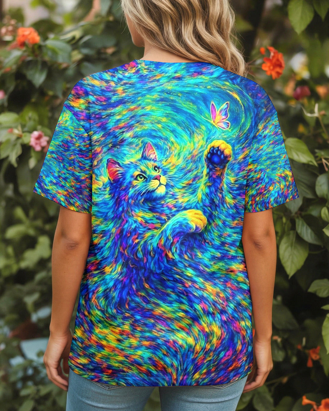 Cat Aurora Spirit All Over Tie Dye T-Shirt Psychedelic Cat With Butterfly Merch Gift For Women - Image 2