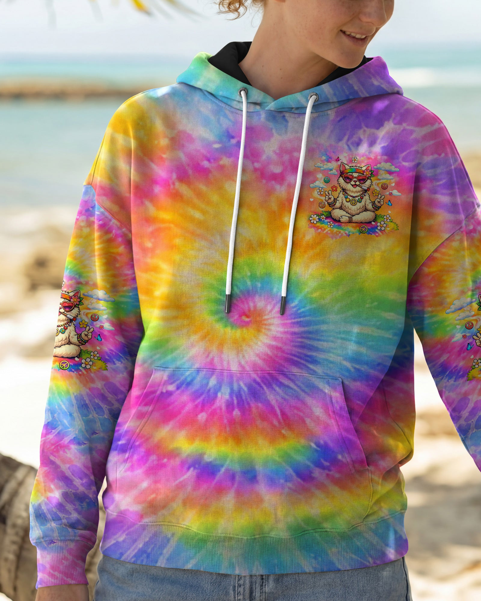 Cat Be Kind Stay Weird Hoodie Colorful Tie Dye Cat Peace Sign Flower Art Clothing Gift For Mom - Image 2