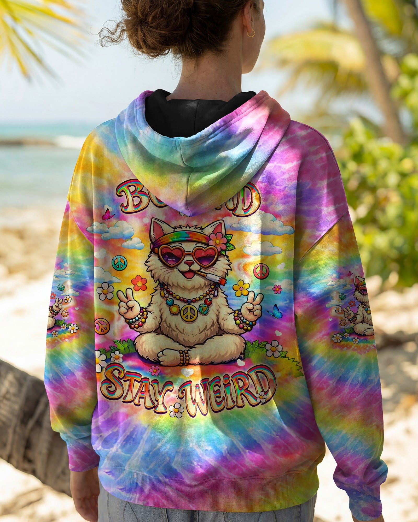 Cat Be Kind Stay Weird Hoodie Colorful Tie Dye Cat Peace Sign Flower Art Clothing Gift For Mom