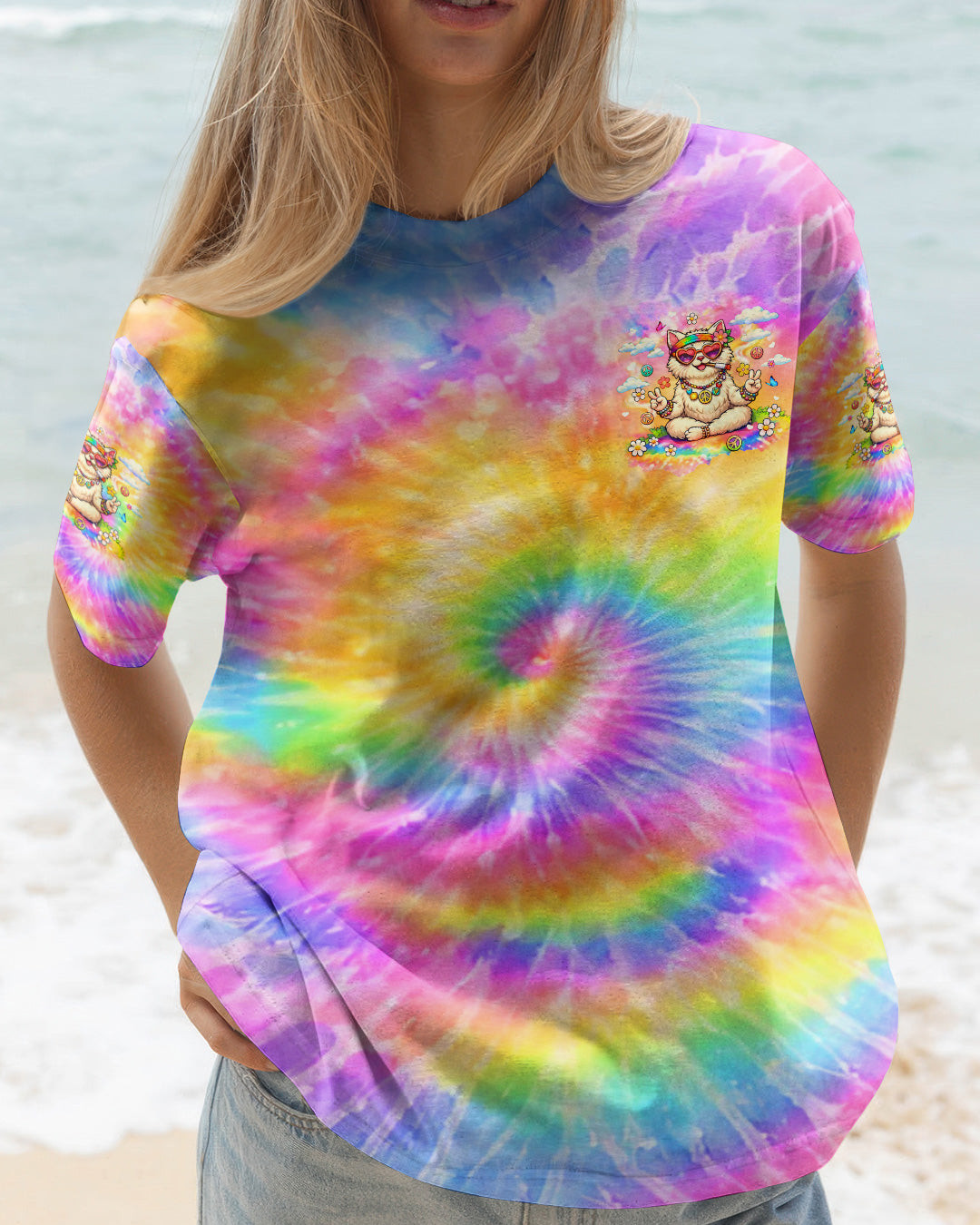 Cat Be Kind Stay Weird T-Shirt Colorful Tie Dye Cat Peace Sign Flower Art Shirt For Daughter