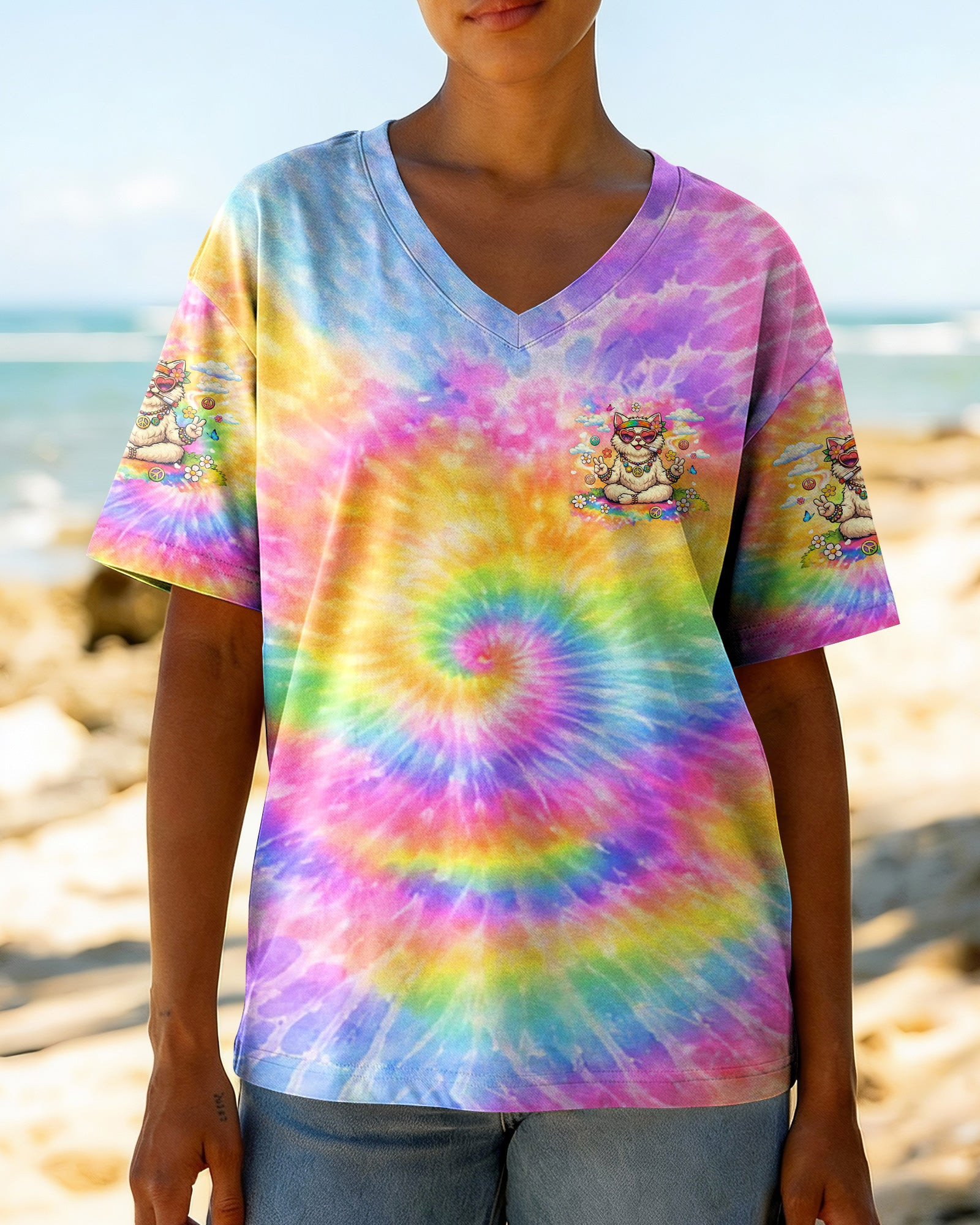 Cat Be Kind Stay Weird V-Neck Shirt Colorful Tie Dye Cat Peace Sign Flower Art Shirt For Mom