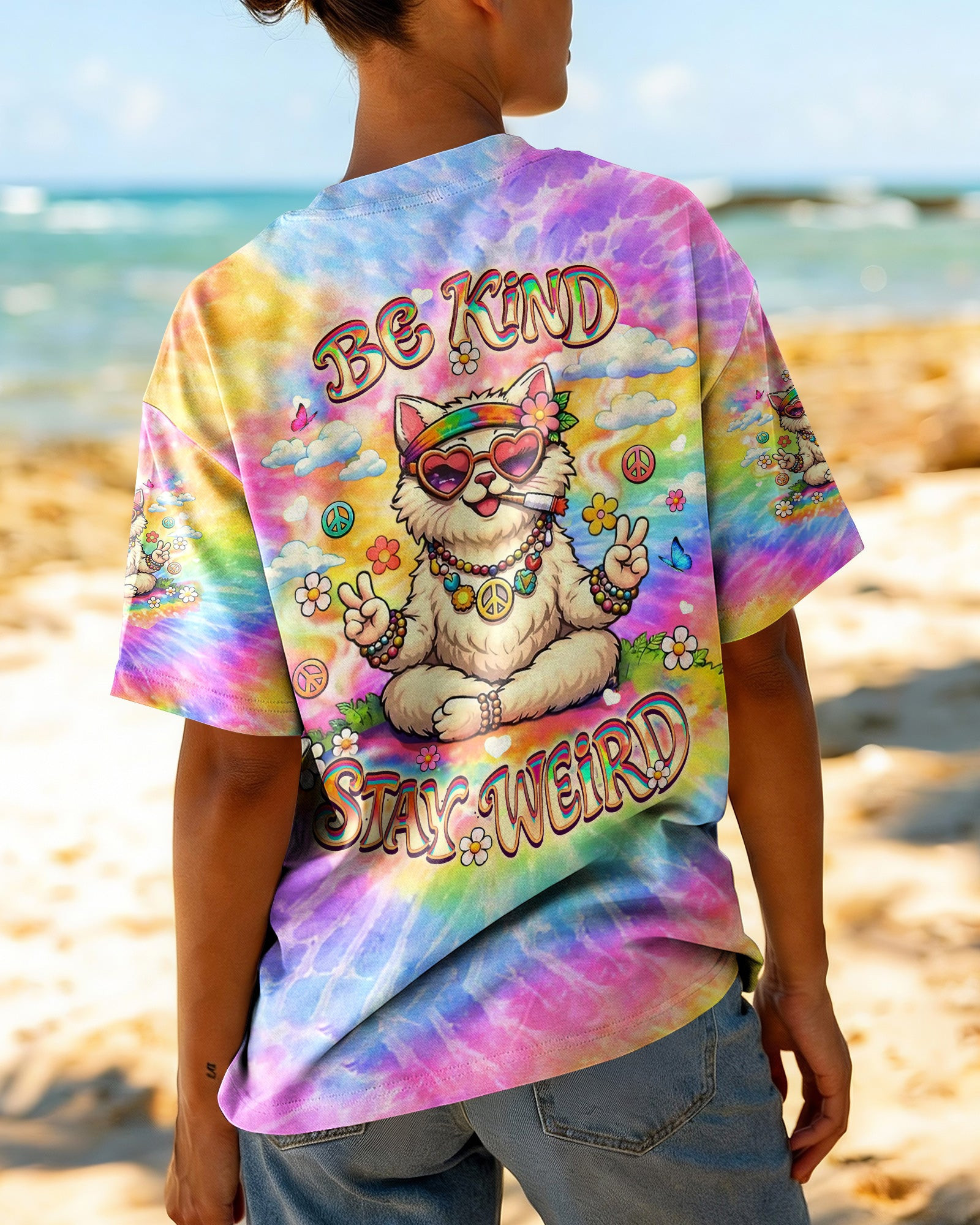 Cat Be Kind Stay Weird V-Neck Shirt Colorful Tie Dye Cat Peace Sign Flower Art Shirt For Mom - Image 2