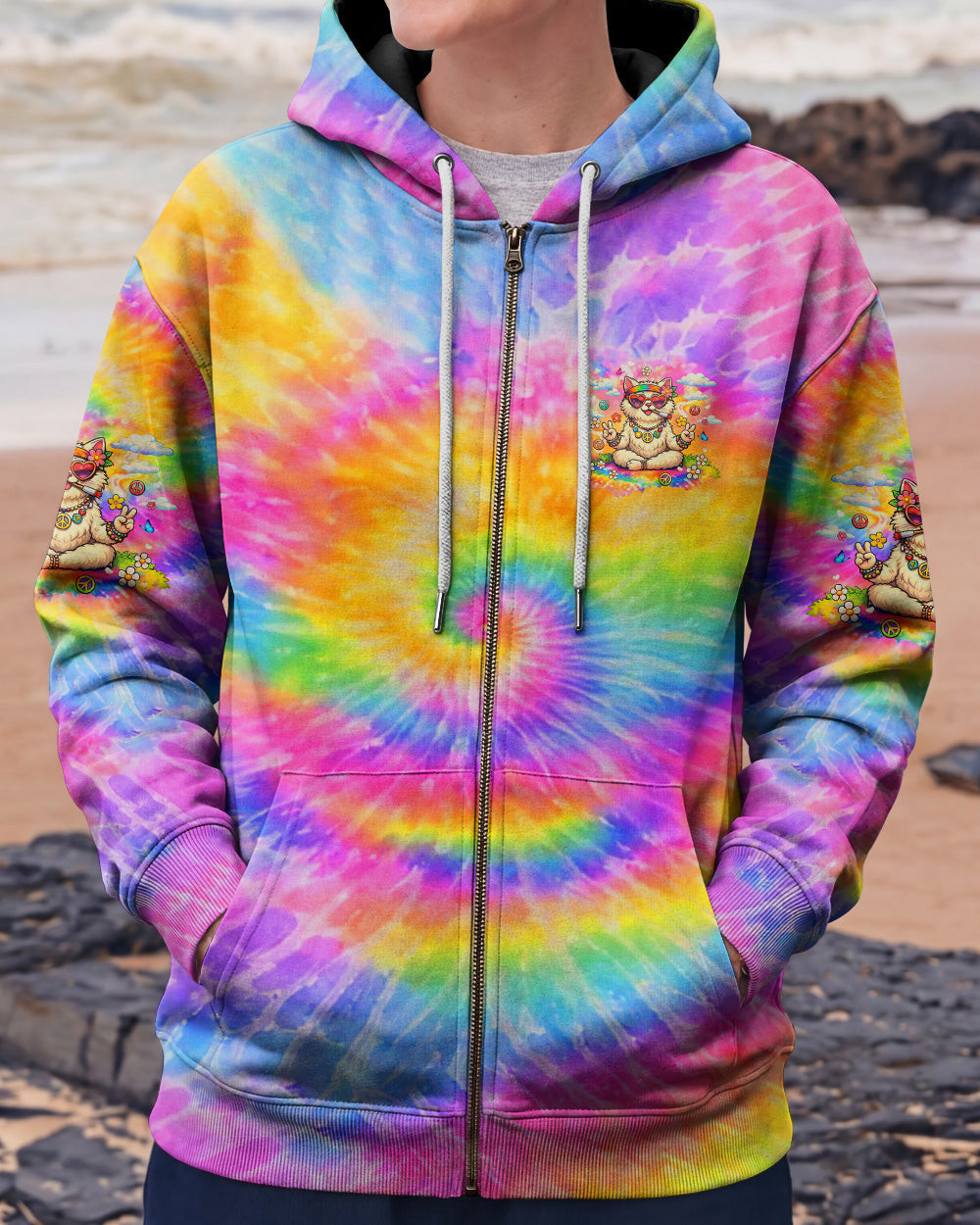 Cat Be Kind Stay Weird Zipper Hoodie Colorful Tie Dye Fun Positive Message Merch Gift For Women