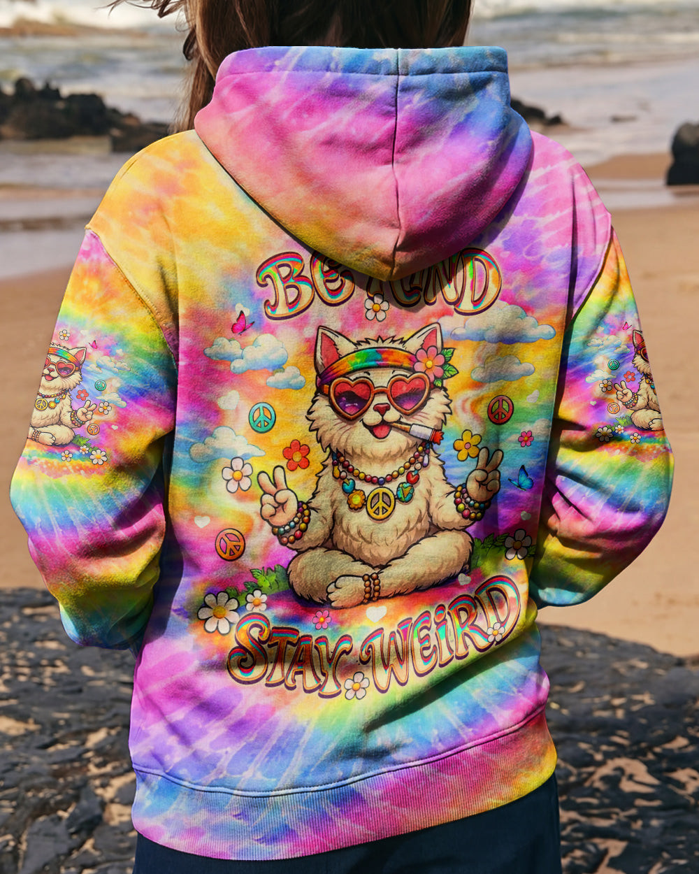 Cat Be Kind Stay Weird Zipper Hoodie Colorful Tie Dye Fun Positive Message Merch Gift For Women - Image 2