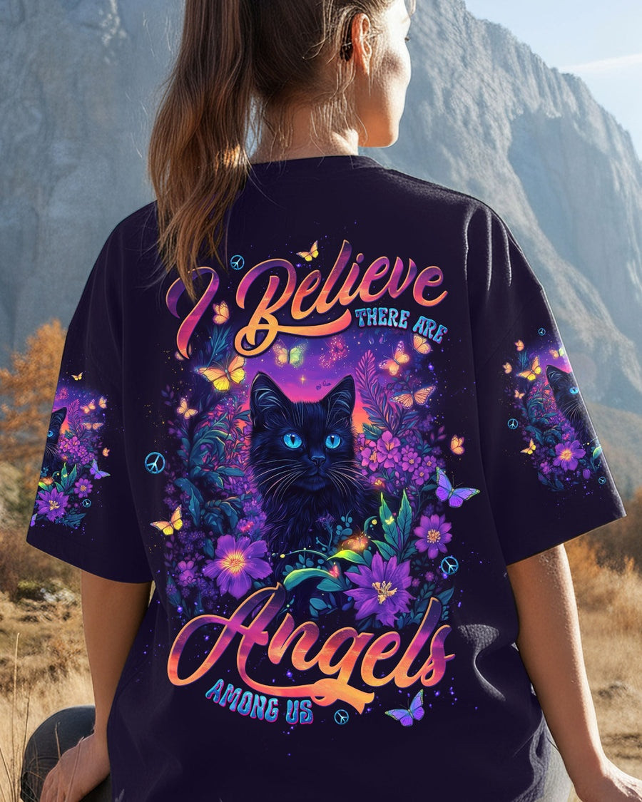 Cat I Believe There Are Angels Among Us T-Shirt Floral Shirt Cat Lover Gifts For Her - Image 2