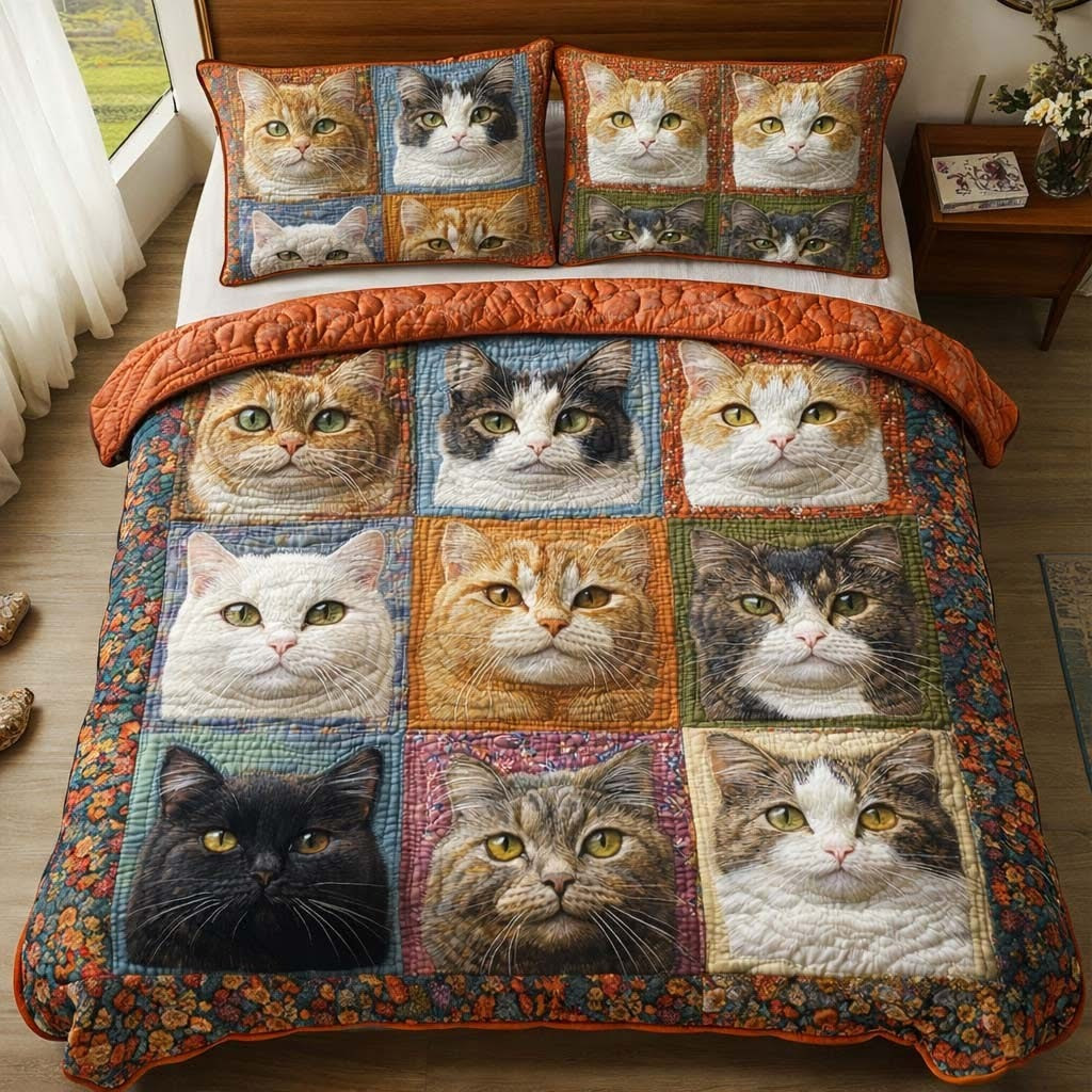 Cat Patchwork Floral Quilted Bedding Set Bohemian Style Bed Decor Gifts For Cat Lovers