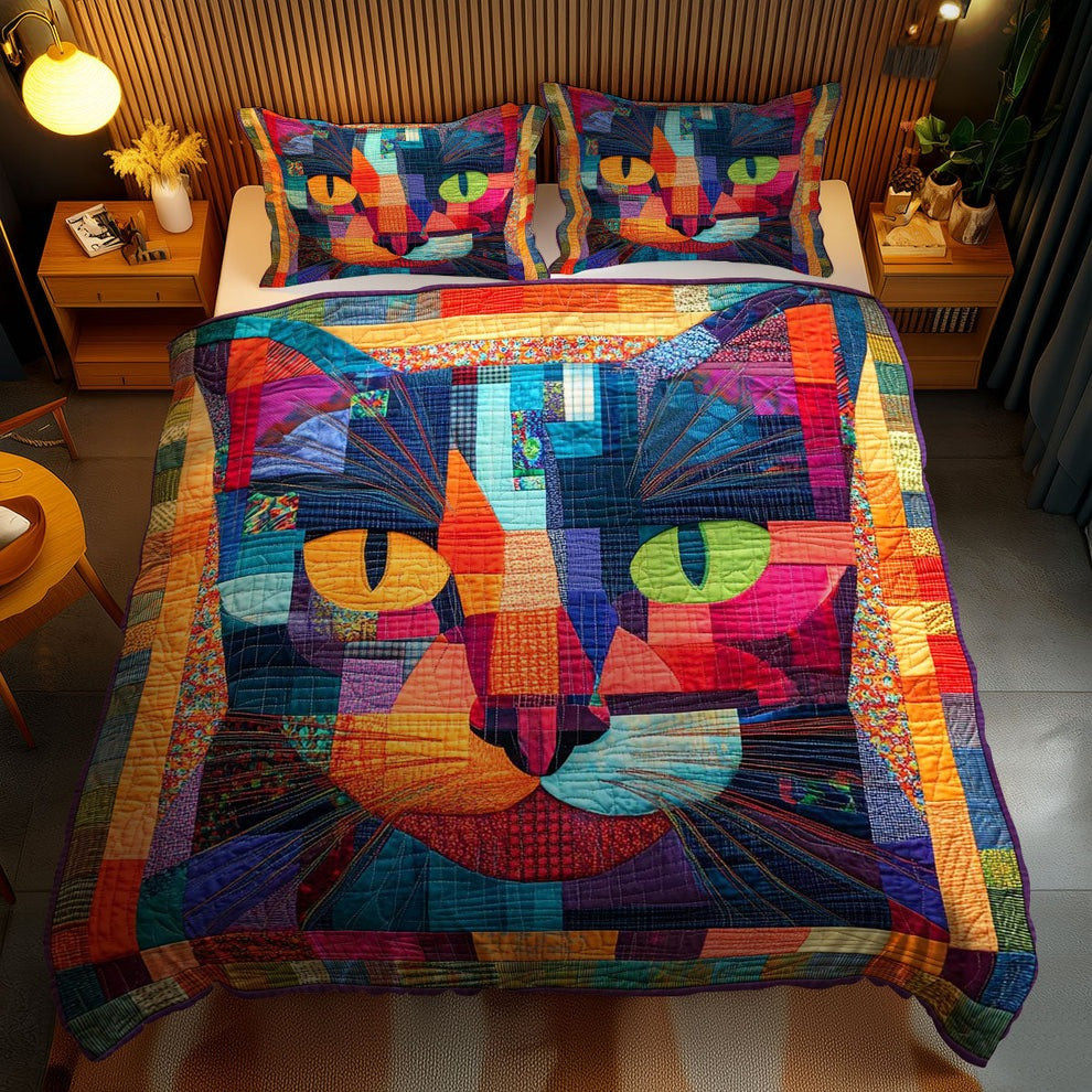 Cat Patchwork Quilted Bedding Set Cozy Bedroom Ideas Gifts For Cat Lovers