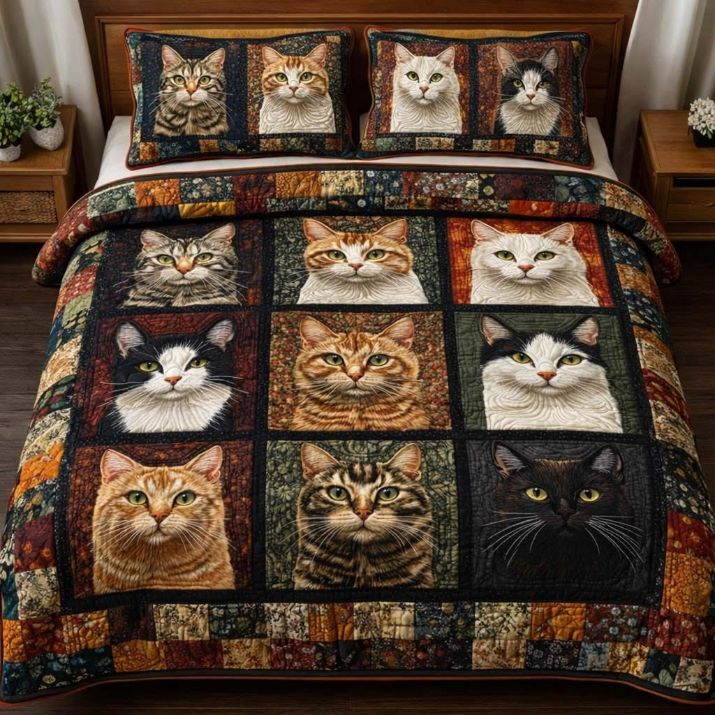 Cat Patchwork Quilted Bedding Set Cute Animal Bedroom Decorations Present For Cat Lovers