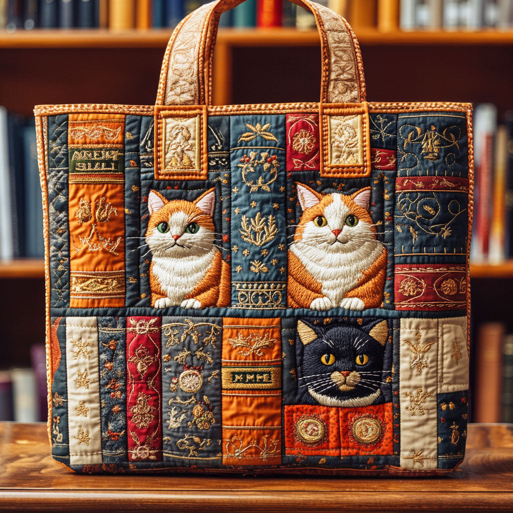 Cat Shelf Stories Quilted Tote Bag Shoulder Bag Birthday Presents For Book Lovers