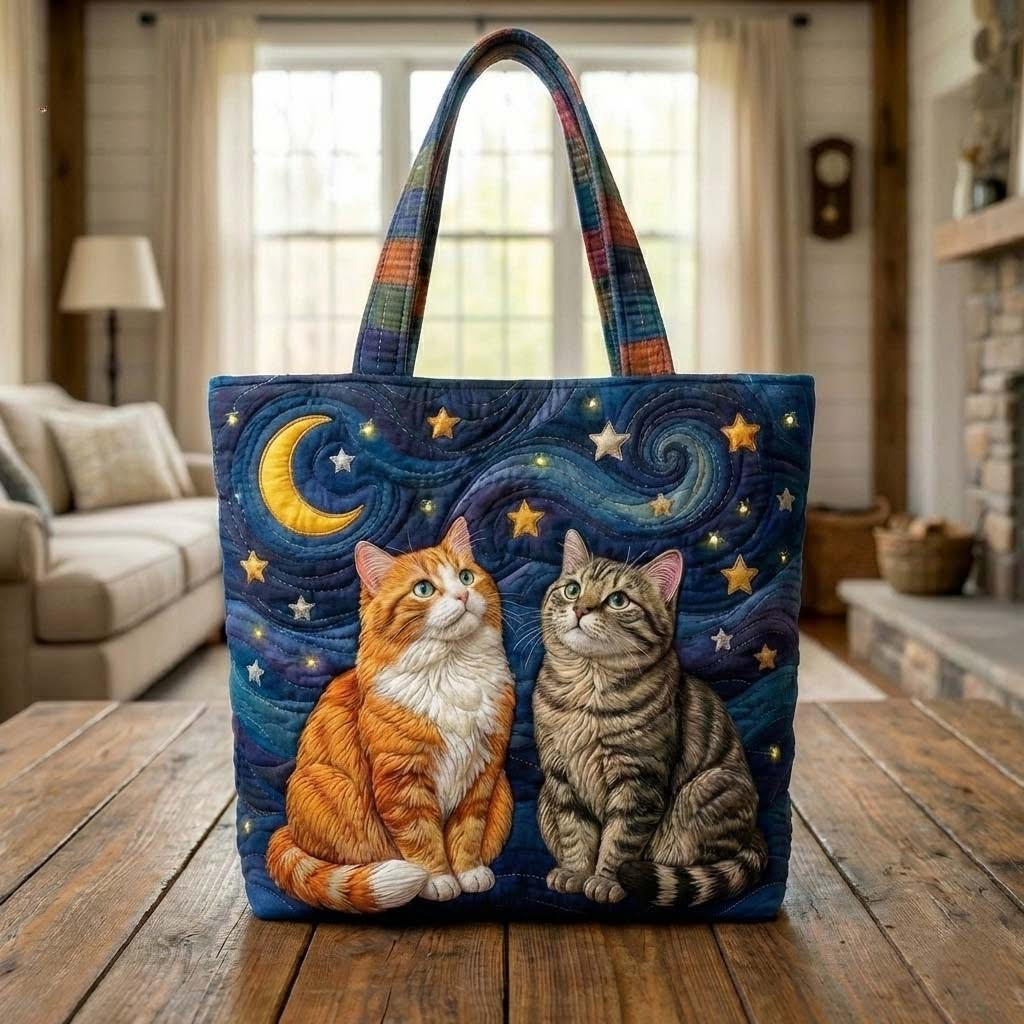 Cat Starry Night Sky Quilted Tote Bag Best Shoulder Handbags Gifts For Cat Lovers
