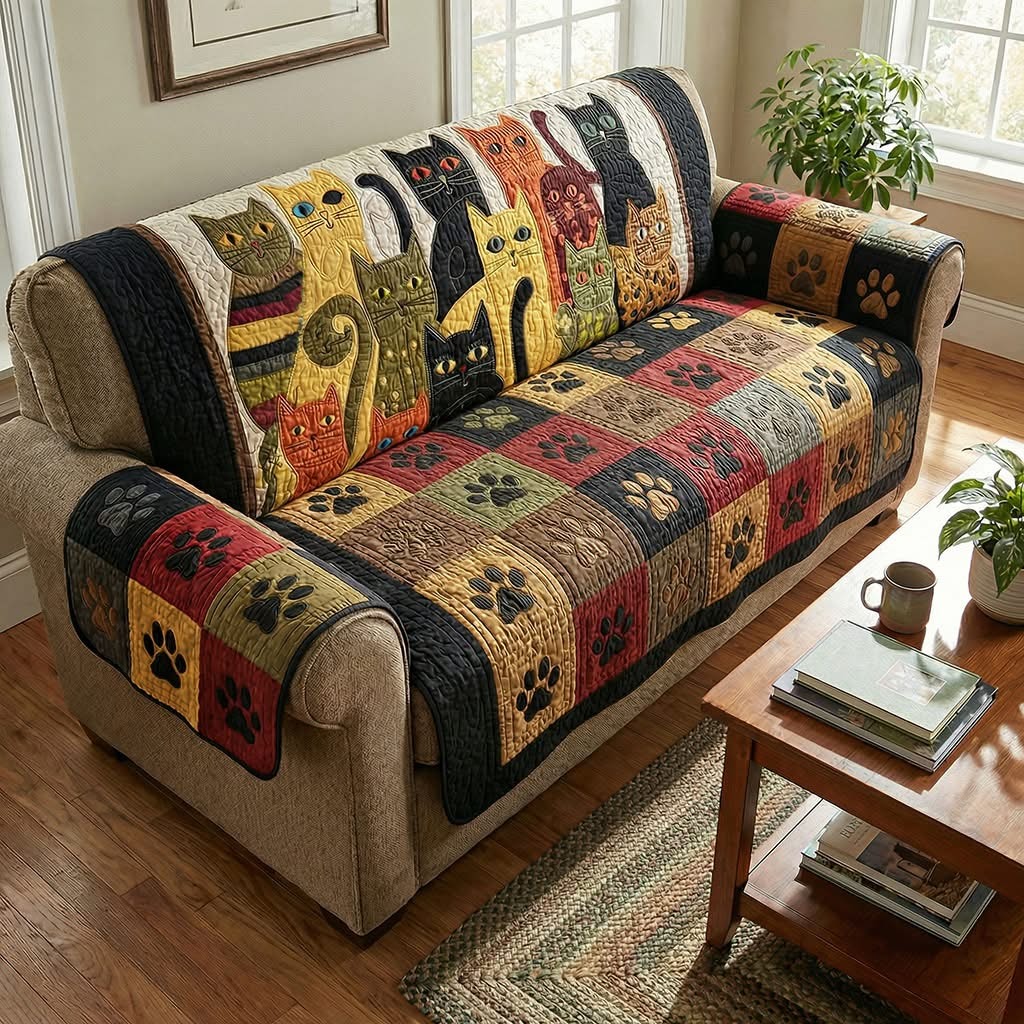 Cat Whisker Dreamscape Quilted Sofa Cover Paw Patchwork Sofa Protector Cover Gifts For Cat Mom