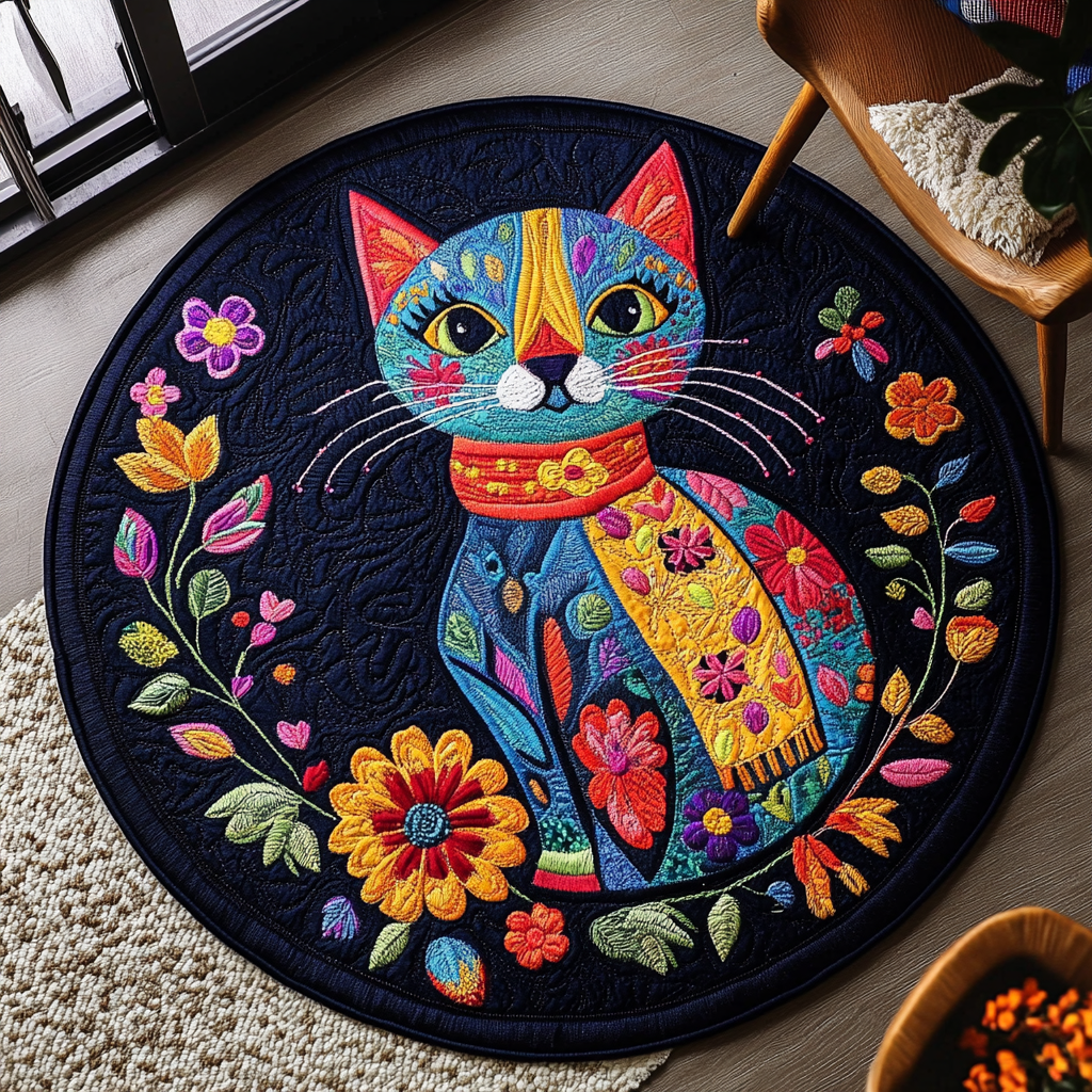 Catnap Delight Quilted Round Mat Small Round Carpets Unique Cat Gifts For Cat Lovers