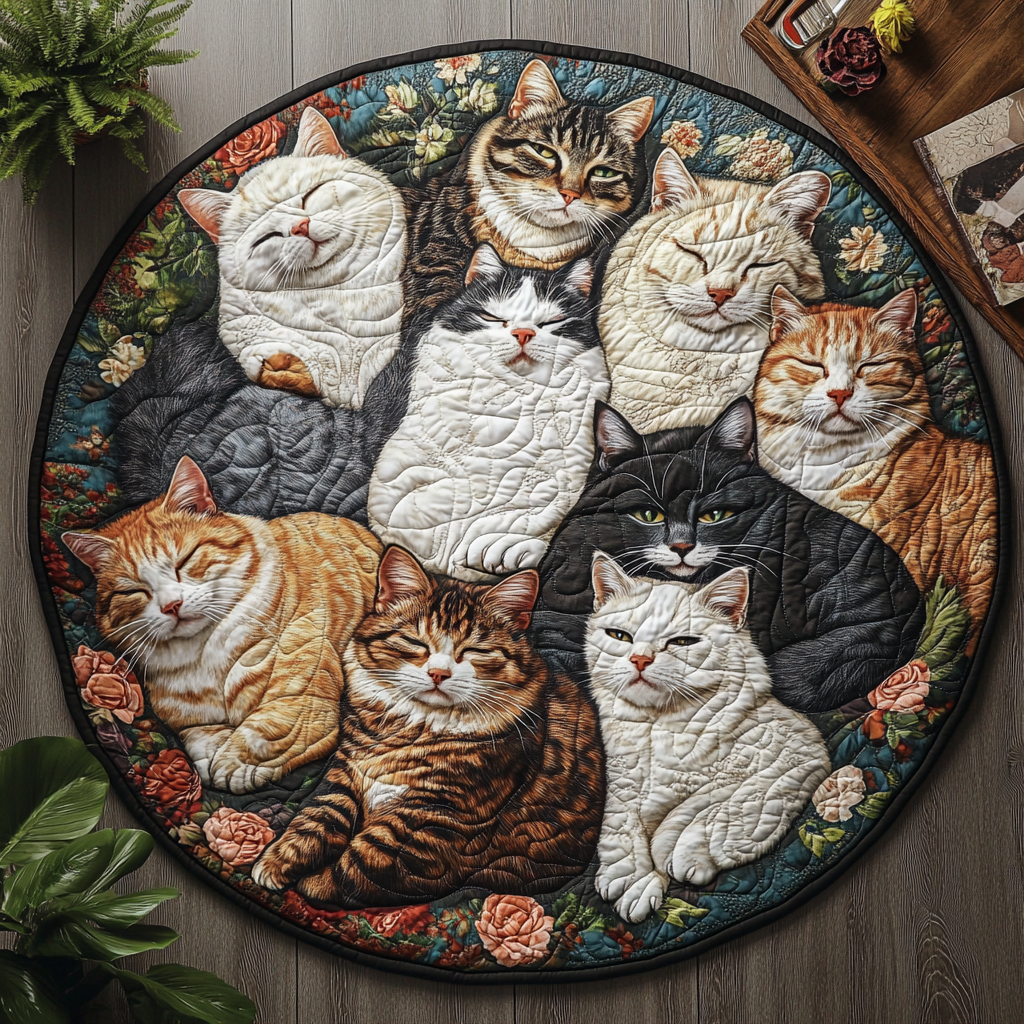 Catnap Haven Quilted Round Mat Rug With Circles Gifts For A Cat Lover