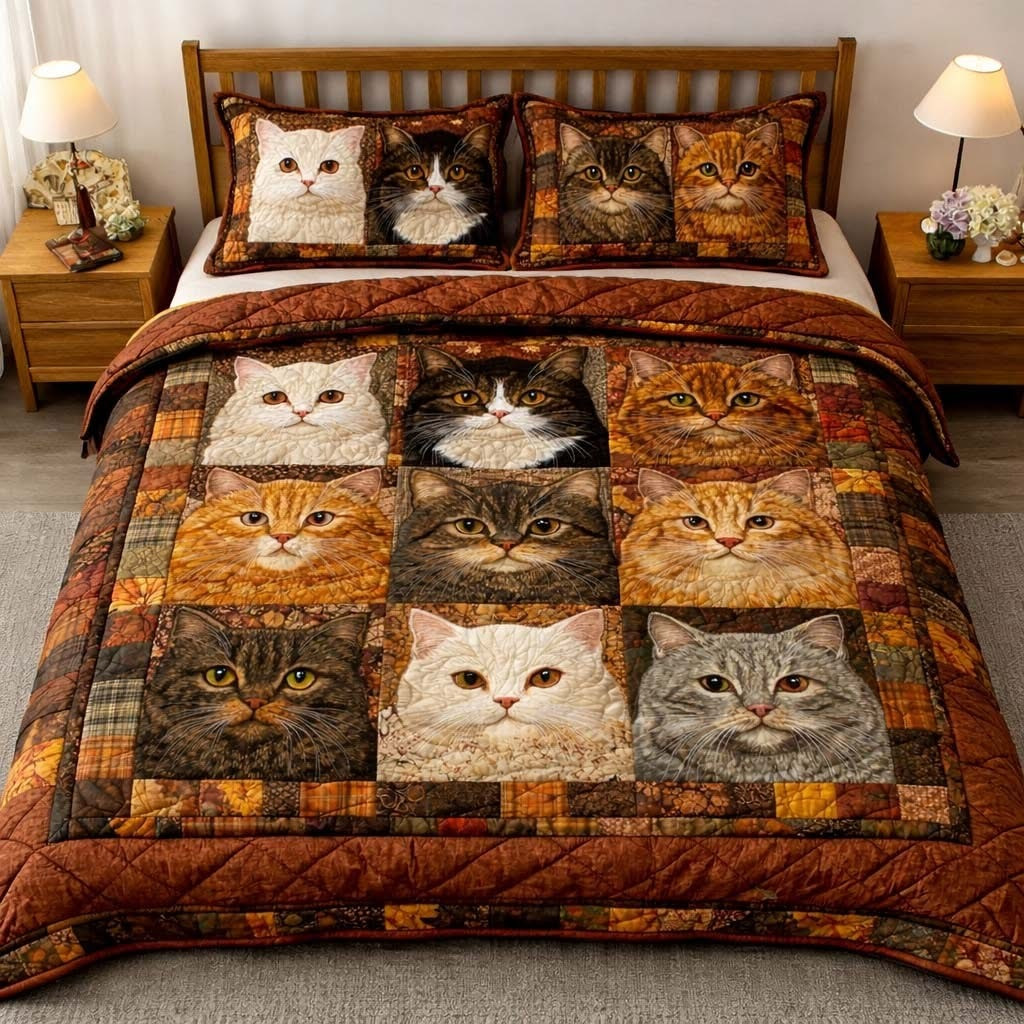 Cats Autumn Patchwork Quilt Bedding Set Cute Animal Bedsheet Set Best Gifts For Cat Lovers