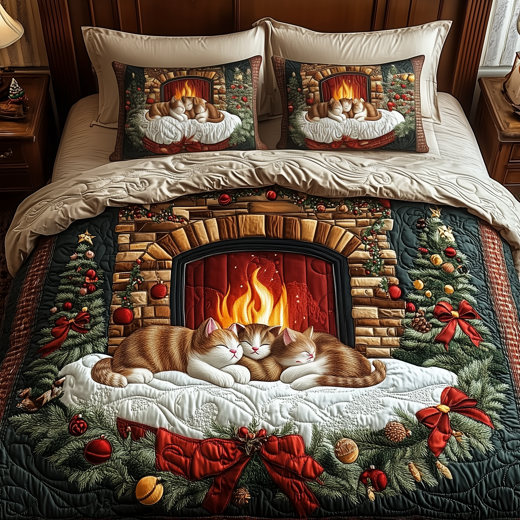 Cats by Fireplace Quilted Bedding Set Christmas Comforter Queen Best Gifts For Cat Lovers