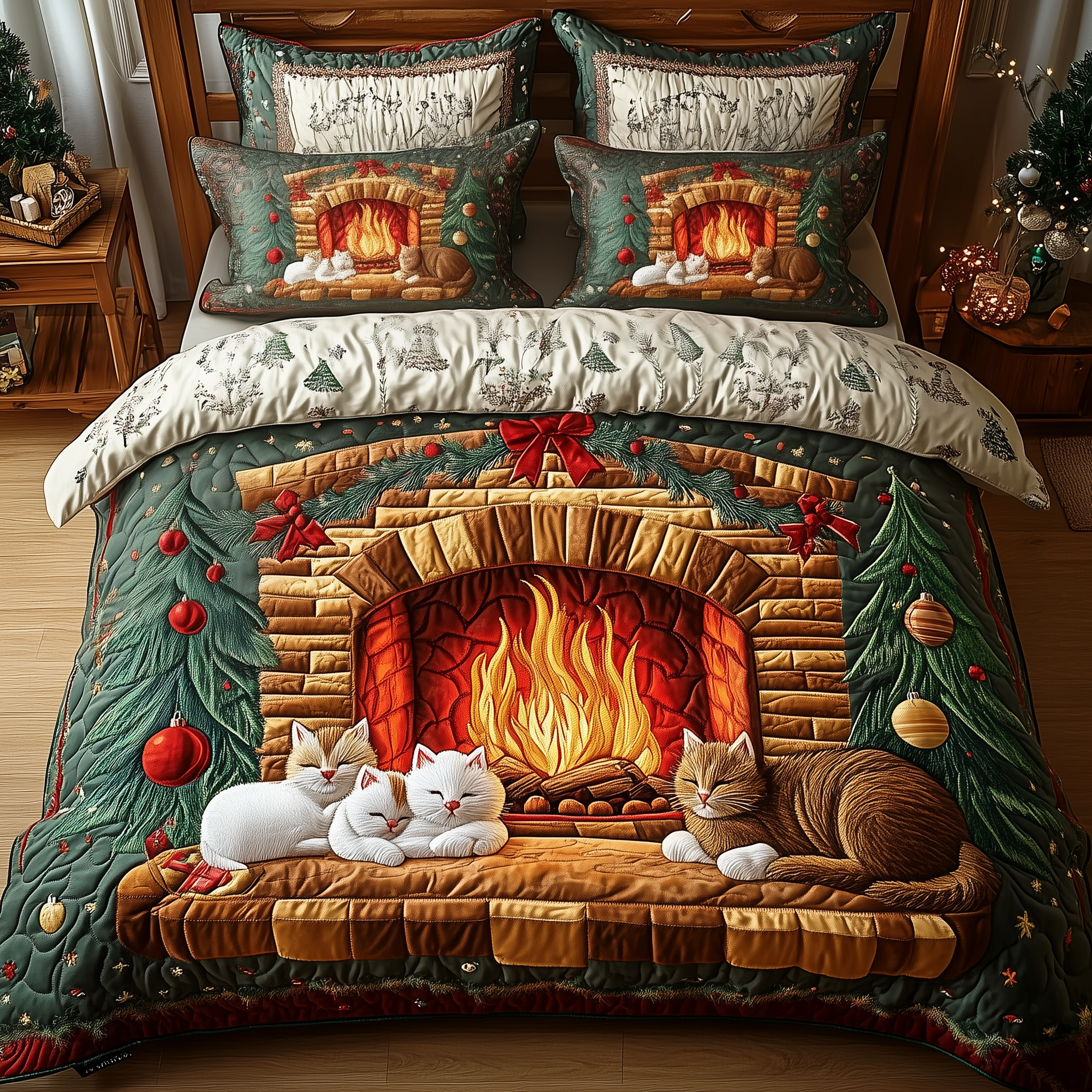 Cats by Fireplace Quilted Bedding Set Christmas Sheet Set Womens Cat Gifts