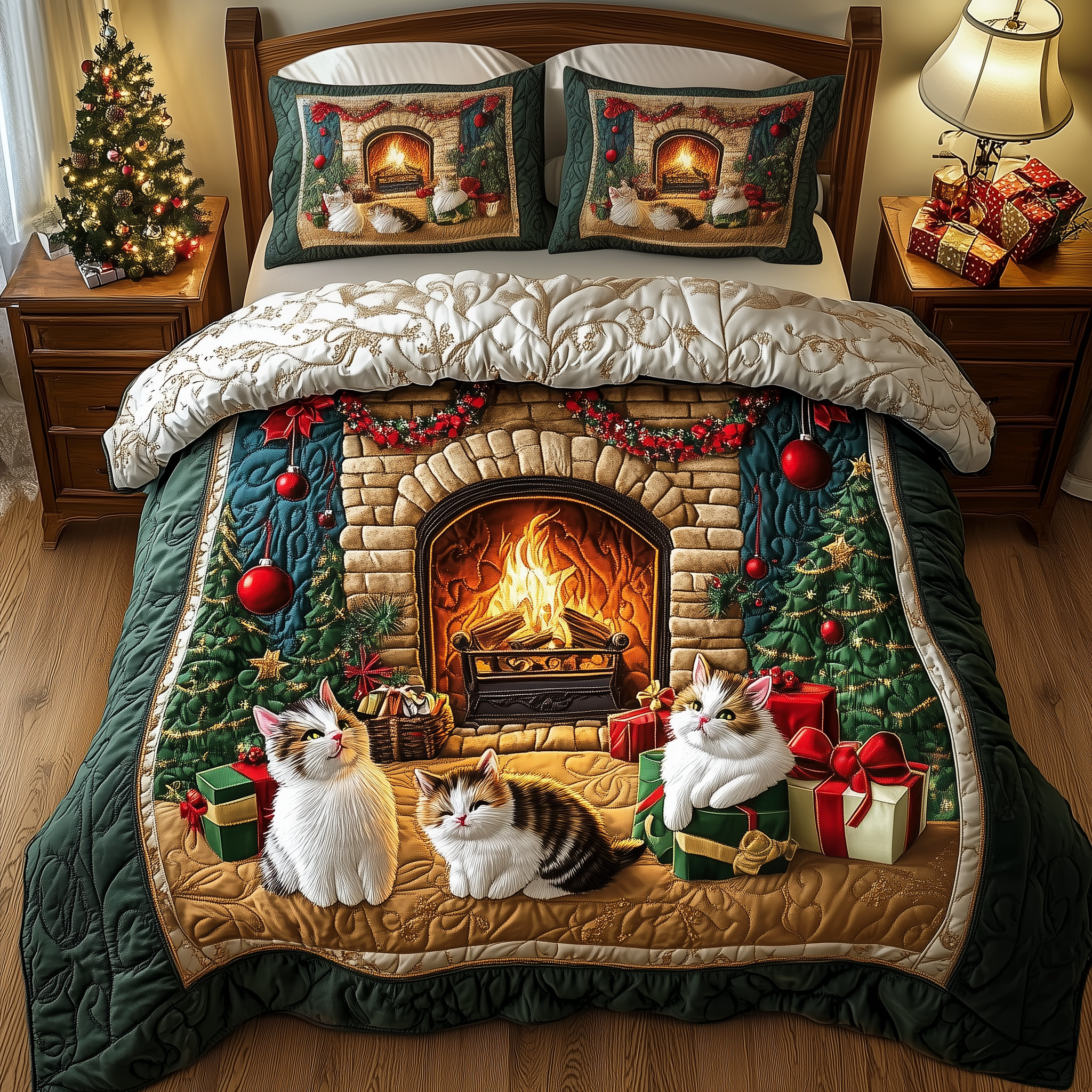 Cats by Fireplace Quilted Bedding Set Xmas Duvet Covers Best Cat Gifts