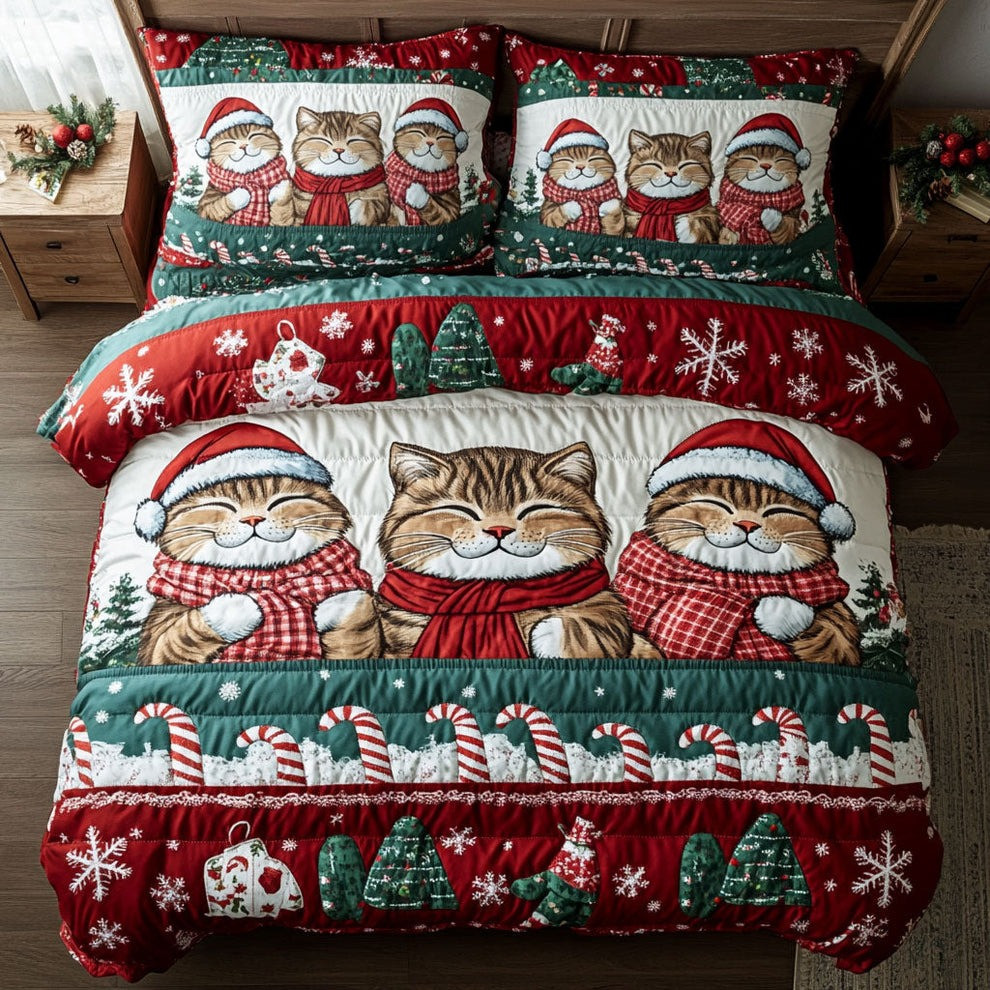 Cats Christmas Quilted Bedding Set Cute Kitten Bedroom Decor Xmas Gifts For Cat Lovers