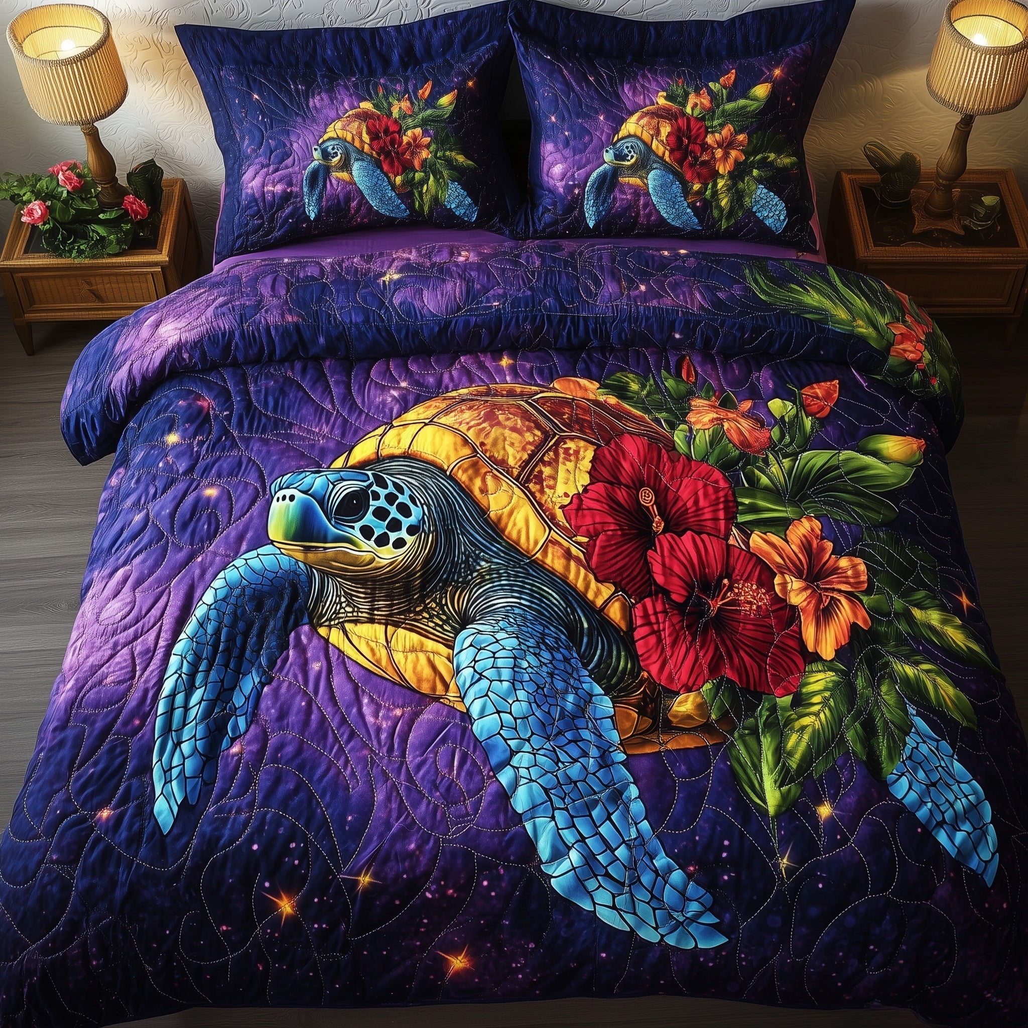 Celestial Bloom Turtle Quilted Bedding Set Best Queen Sheets Gift Ideas For Sea Turtle Lovers