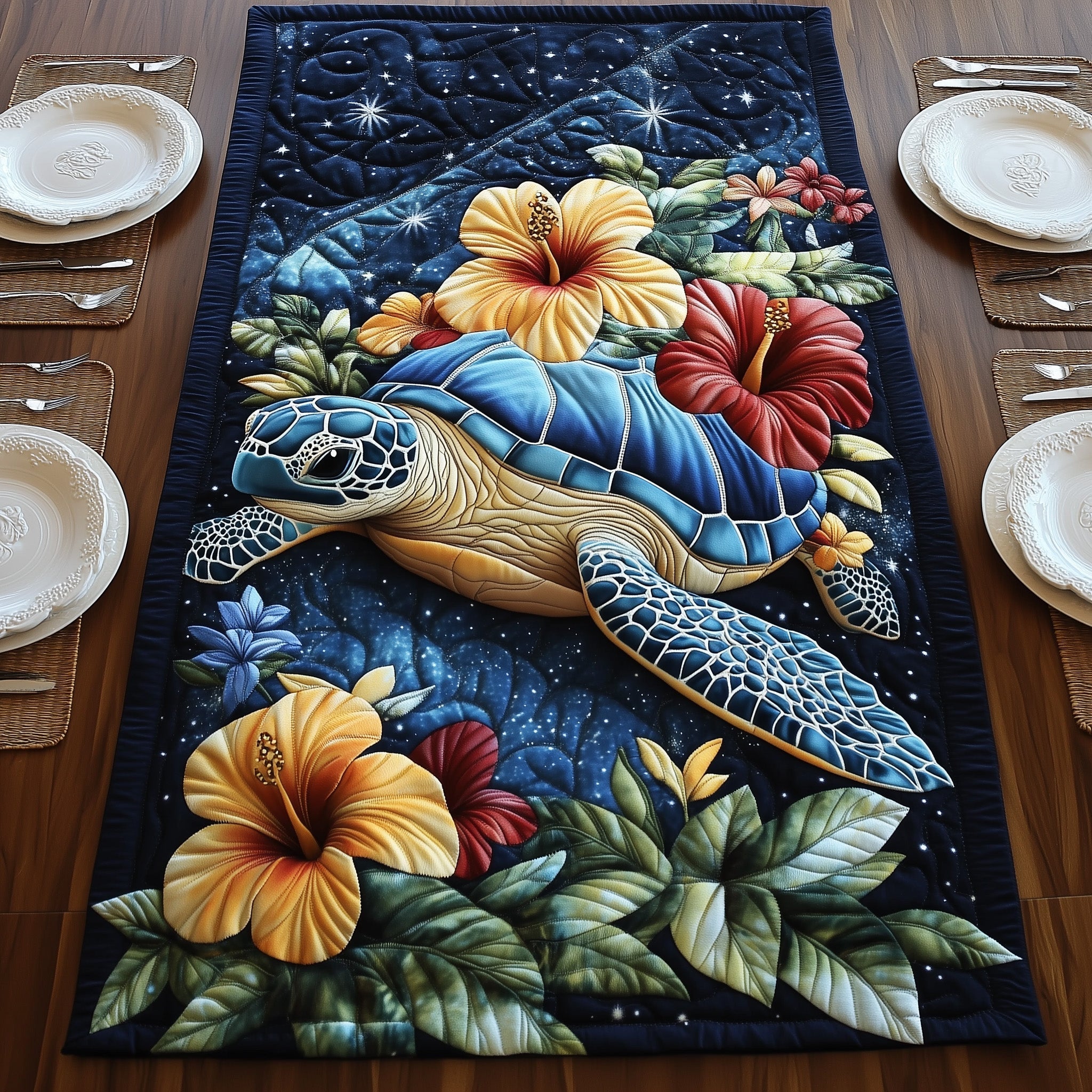 Celestial Bloom Turtle Quilted Table Runner Dining Room Decor Ideas Sea Turtle Gifts For Her