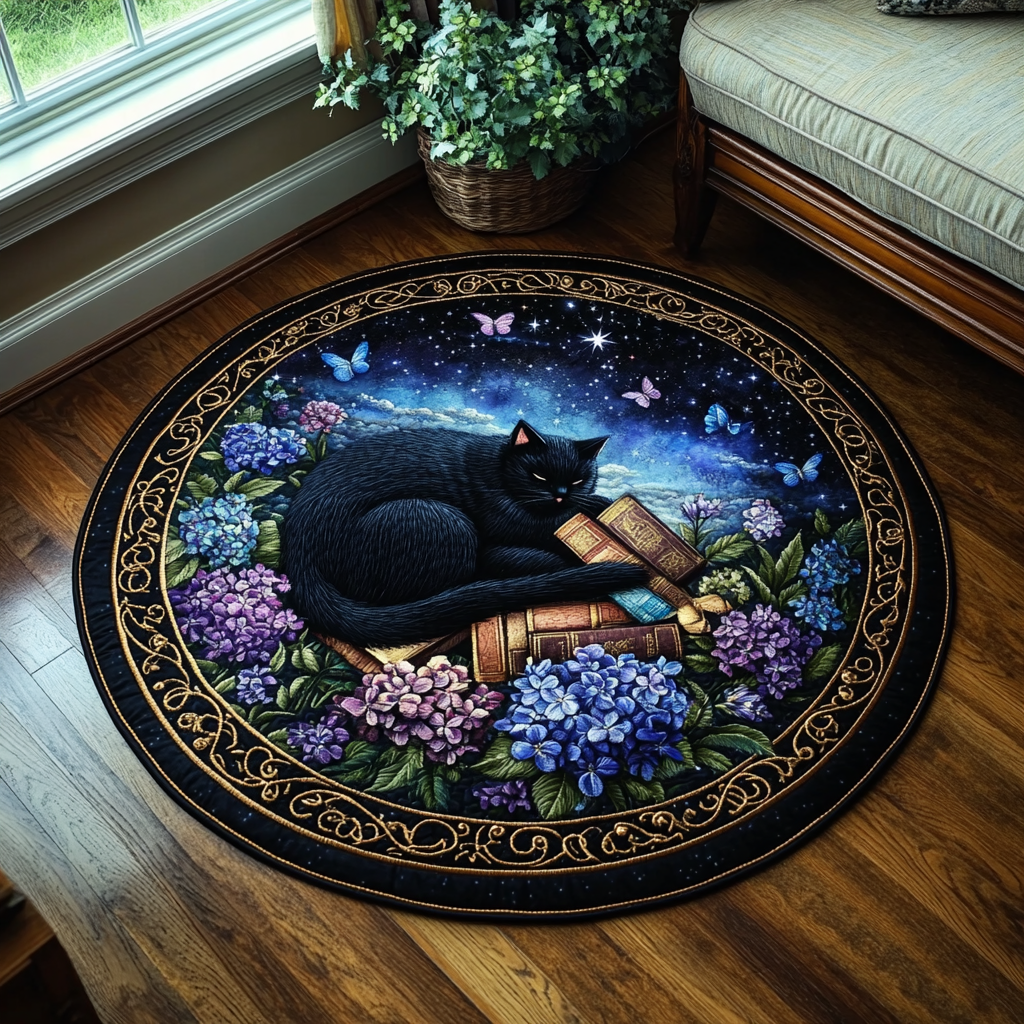 Celestial Catnap Quilted Round Mat Round Mats For Floor Black Cat Themed Gifts