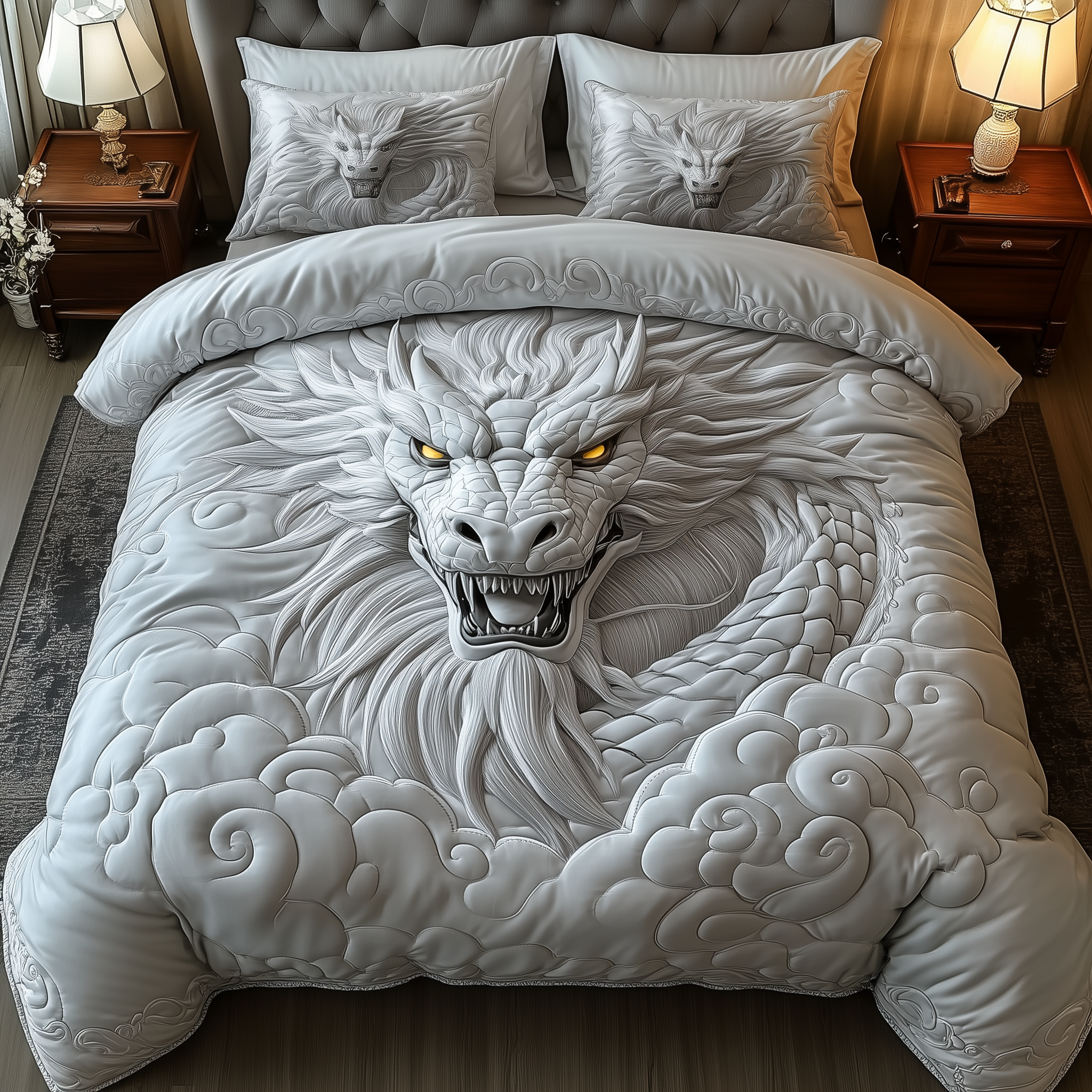 Celestial Cloud Dragon Quilted Bedding Set Comforter Sets Queen Dragon Gifts For Her