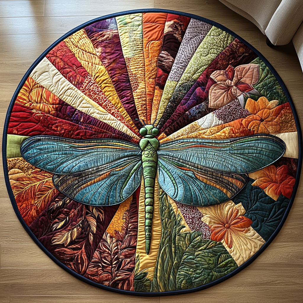 Celestial Dragonfly Quilted Round Mat Small Round Mat Birthday Gifts For Dragon Lovers