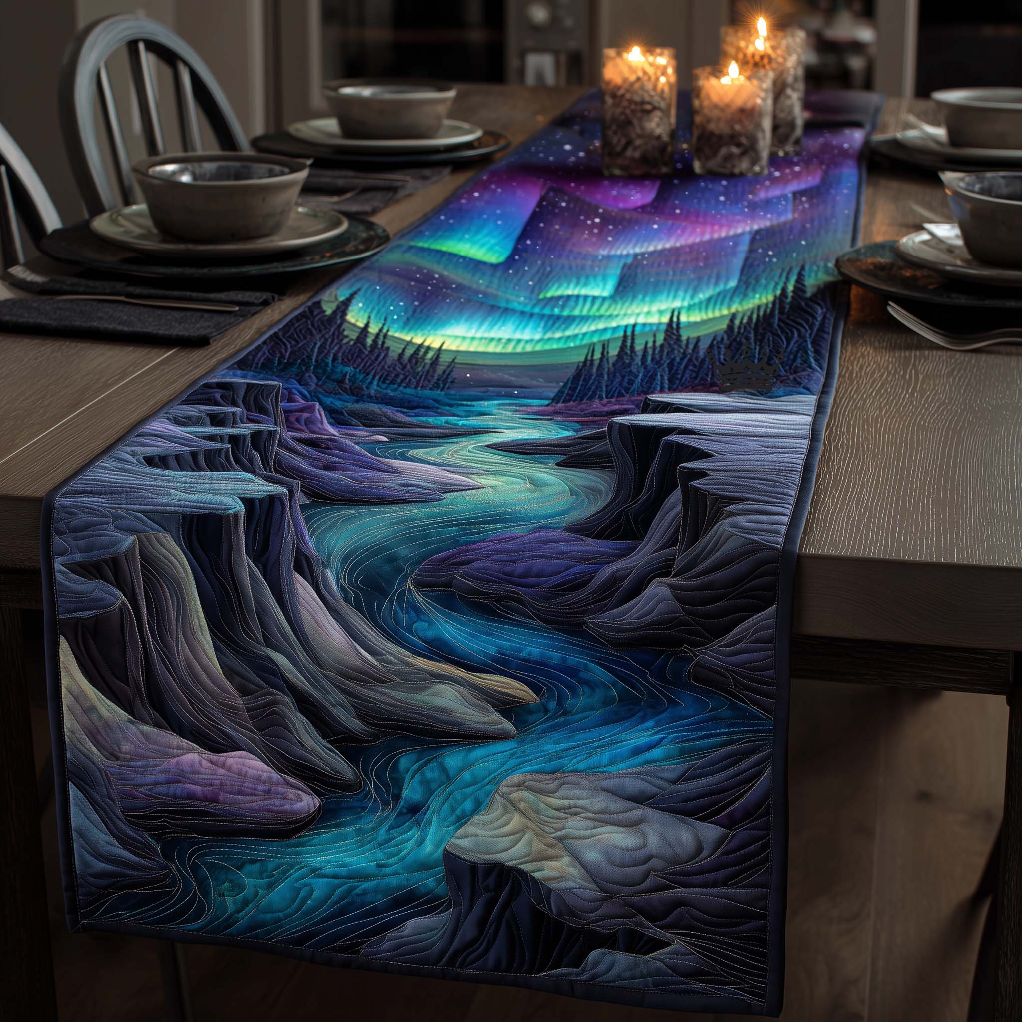 Celestial Lights Quilted Table Runner Bohemian Style Table Runner Moms Day Gifts