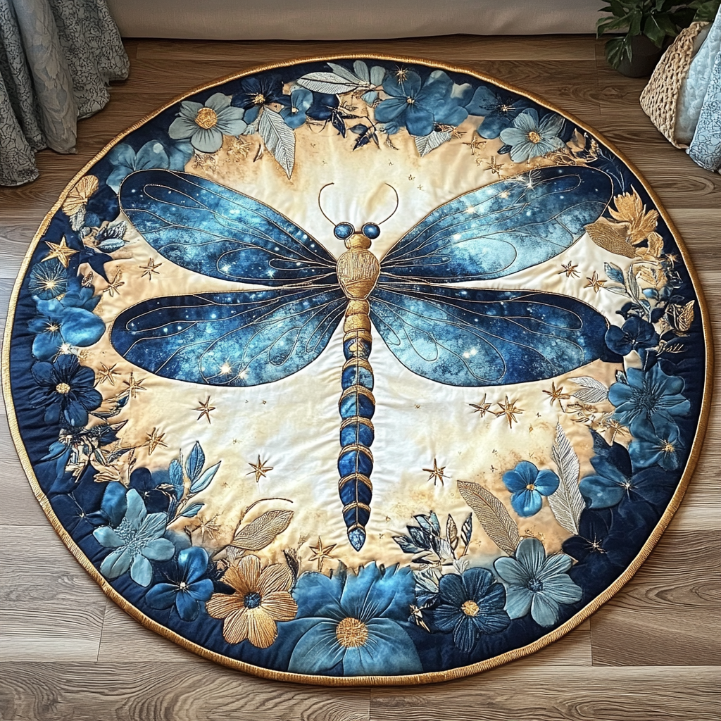 Celestial Night Dragonfly Quilted Round Mat Circle Floor Mat Dragon Themed Gift Items