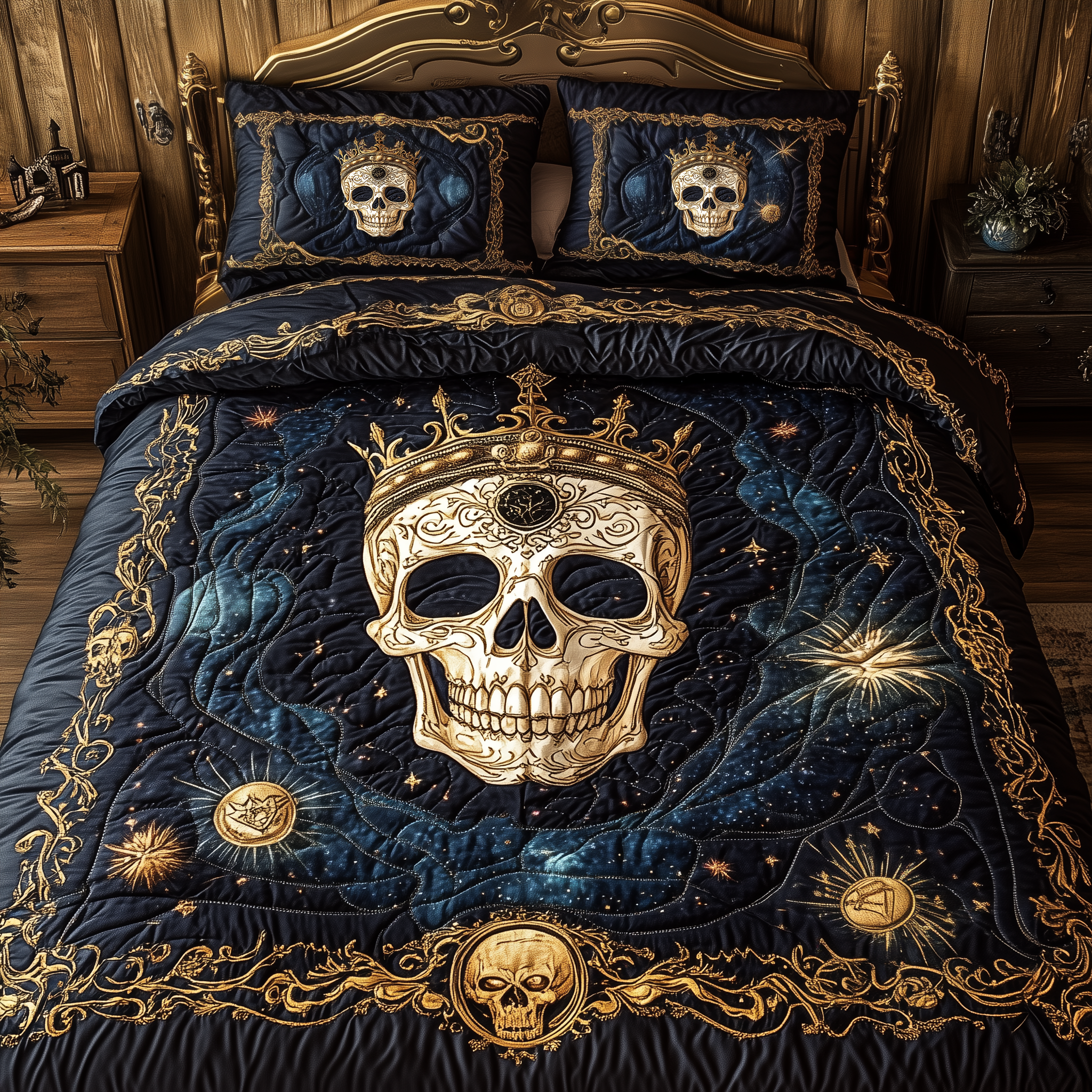 Celestial Reign of Death Quilted Bedding Set Bedroom Ideas Unusual Skull Gifts