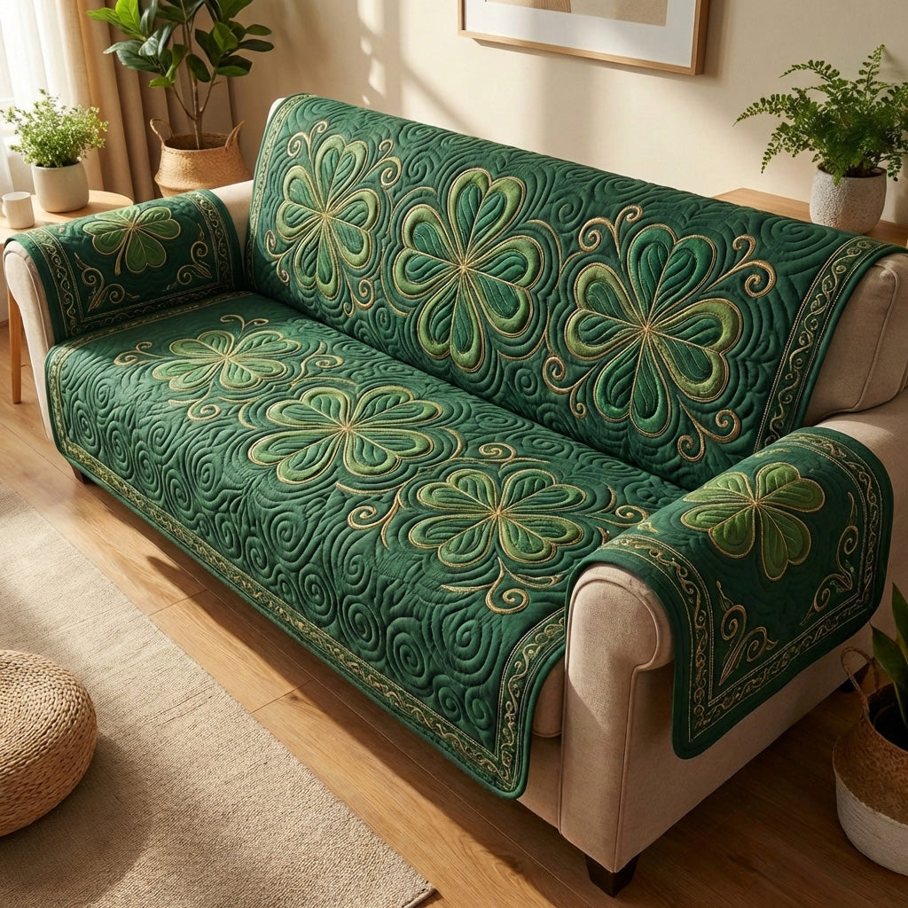 Celtic Clover Meadow Quilted Sofa Cover Sofa Furniture Slip Covers St Patrick's Day Gifts