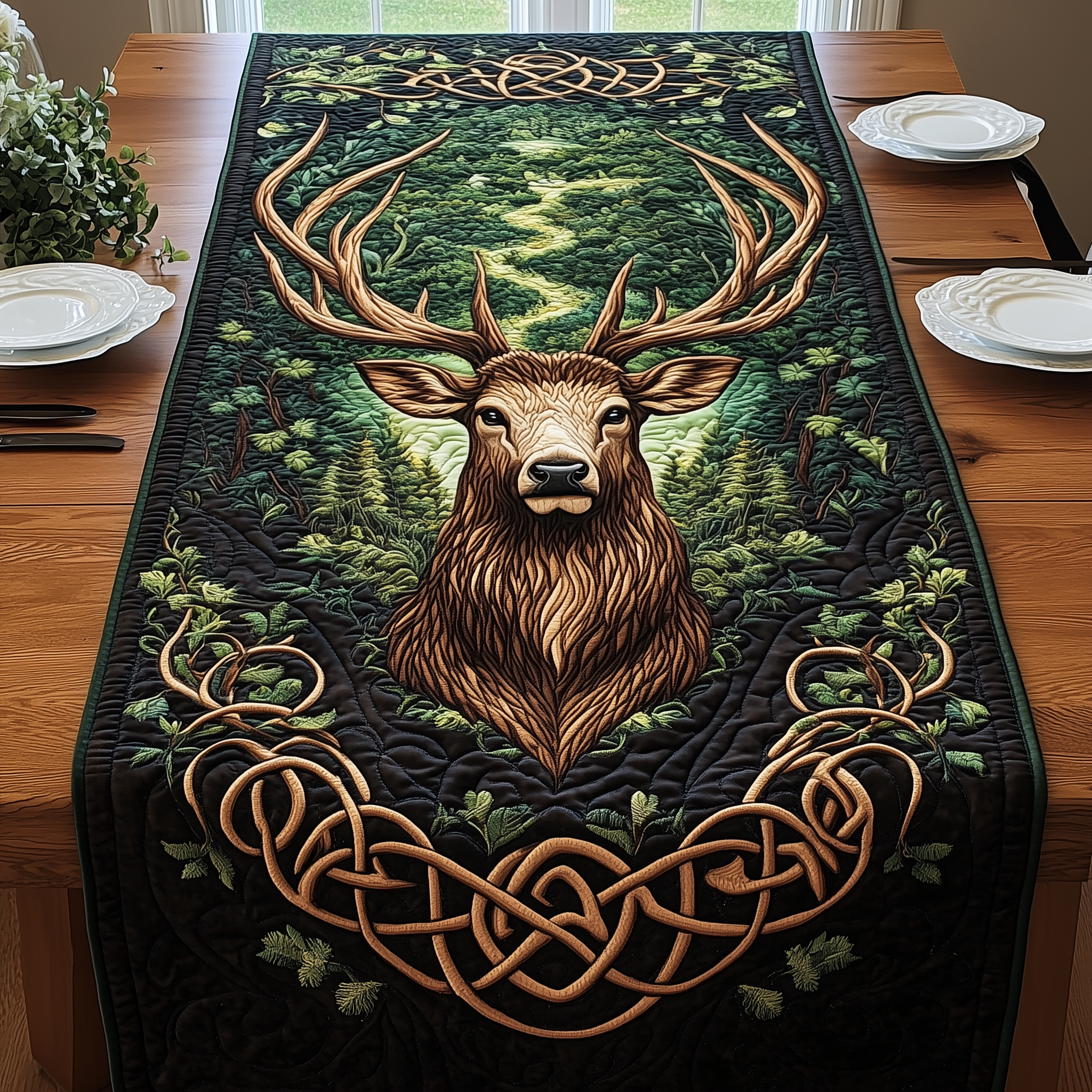 Celtic Forest Emblem Quilted Table Runner Cool Table Runner Christmas Presents For Deer Hunters