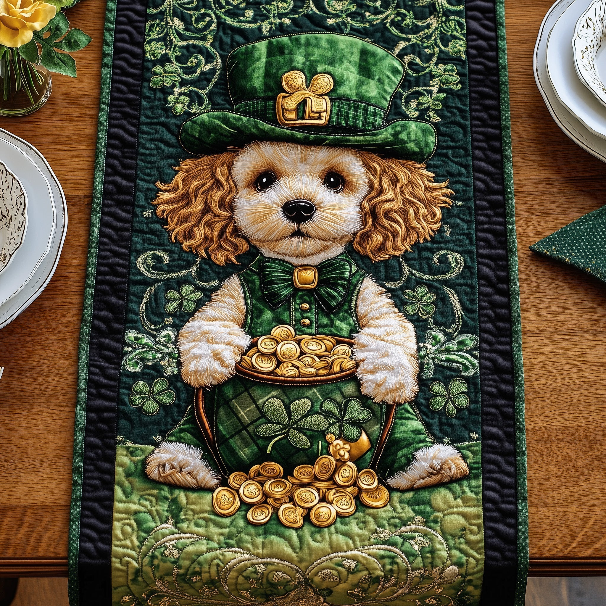 Celtic Lucky Puppy Quilted Table Runner Dining Table Decor St Patrick's Day Gifts For Adults