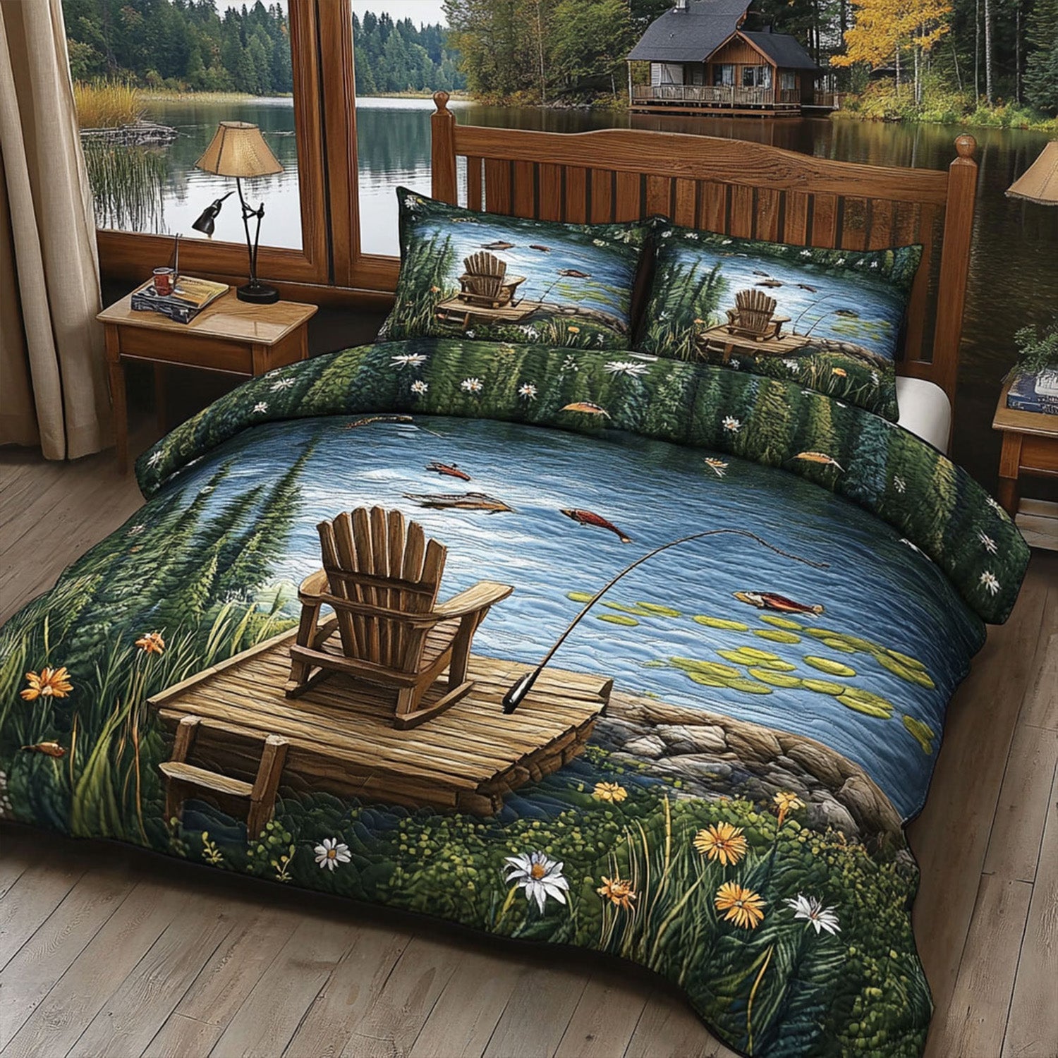 Chair by the Lake Quilted Bedding Set Cute Room Decor Unique Fishing Giftsf