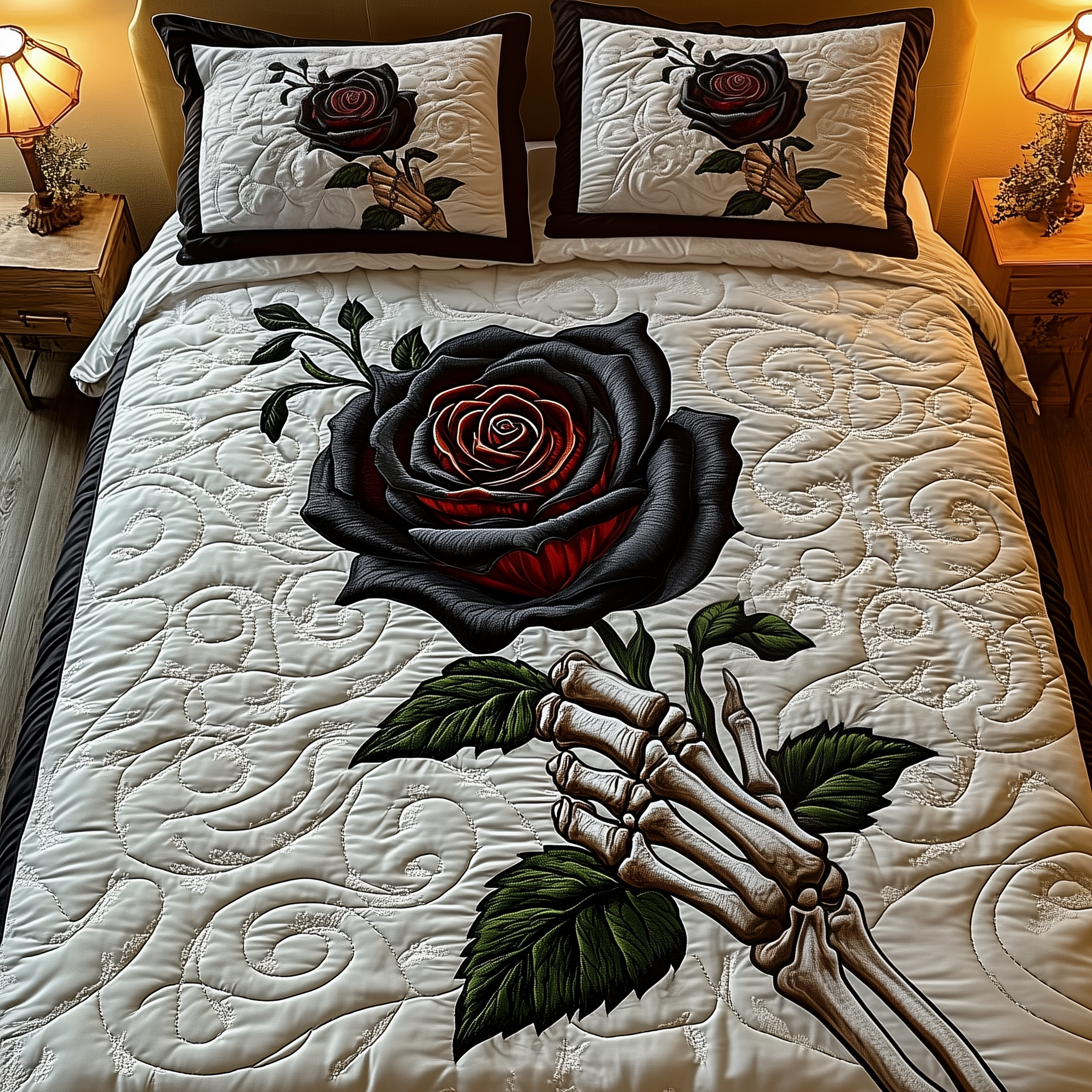 Charming Black Rose For U Quilted Bedding Set Bedroom Ideas Gifts For People Who Like Skulls