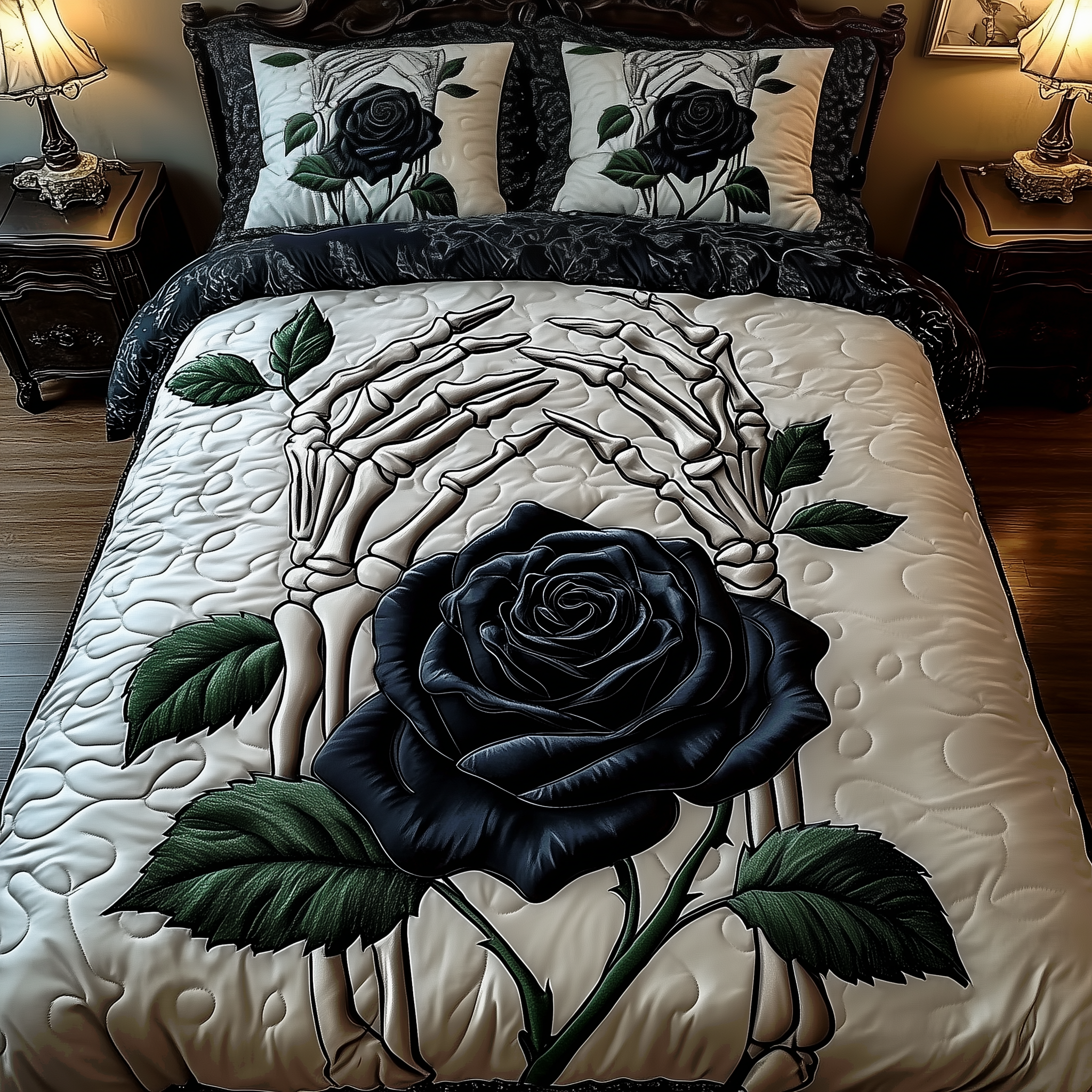 Charming Black Rose For U Quilted Bedding Set Boho Bedroom Decor Themed Skull Gifts For Him Her