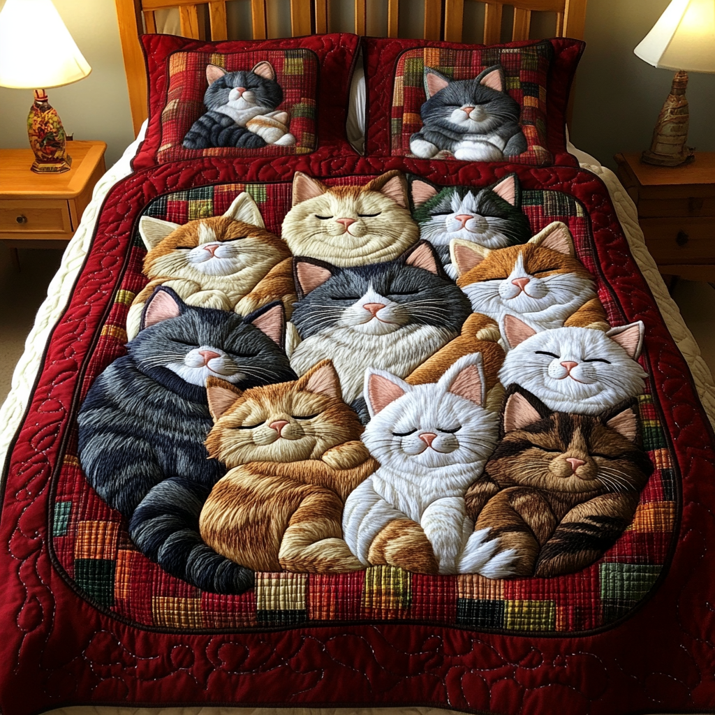 Charming Cats Quilted Bedding Set Best Bedspread Set Great Cat Lover Gifts
