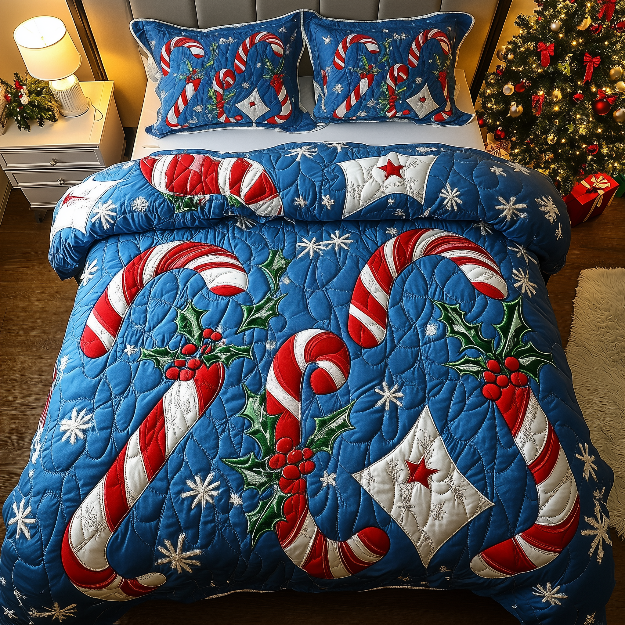 Cheerful Candy Cane Quilted Bedding Set Xmas Comforters Christmas Gifts For Mum