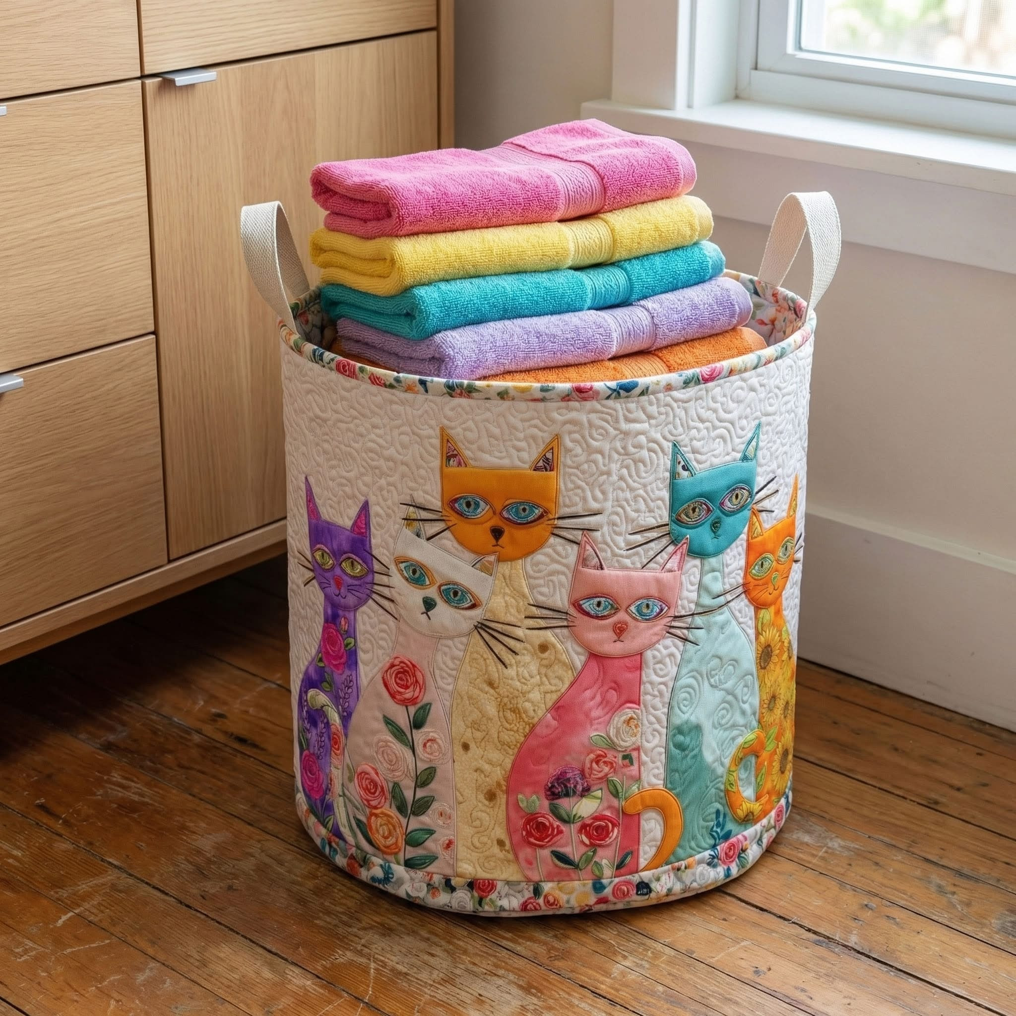 Cheerful Cat Patch Quilted Laundry Basket Home Decor Mother's Day Gifts For Cat Lover