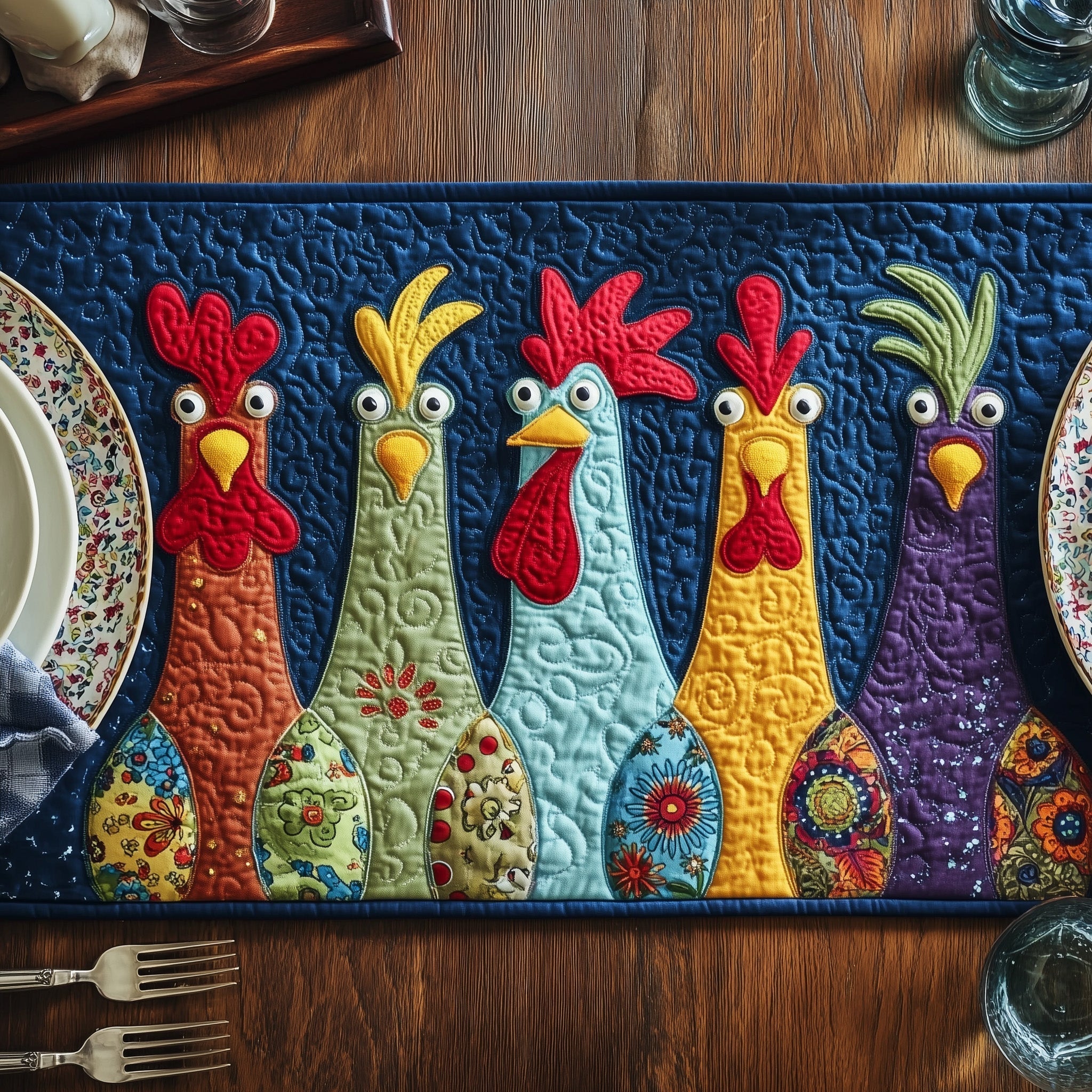 Cheerful Chicken Quilted Table Runner Cool Table Runner Chicken Christmas Gifts