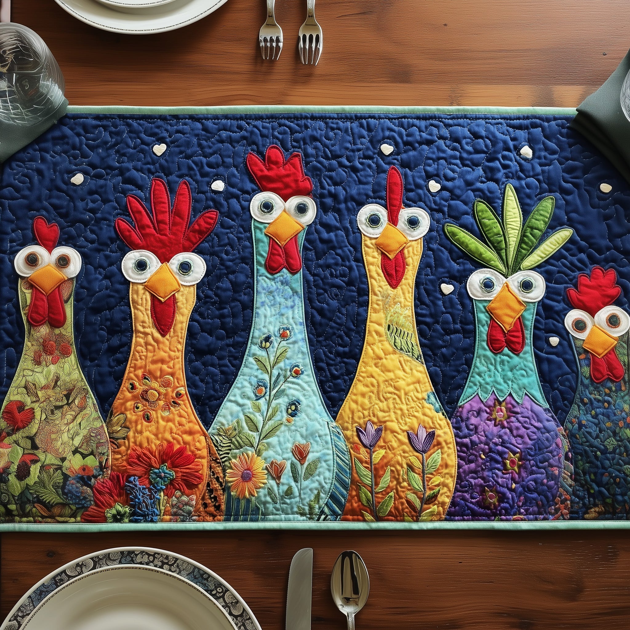 Cheerful Chicken Quilted Table Runner Unique Table Runner Gifts For Chicken Lovers