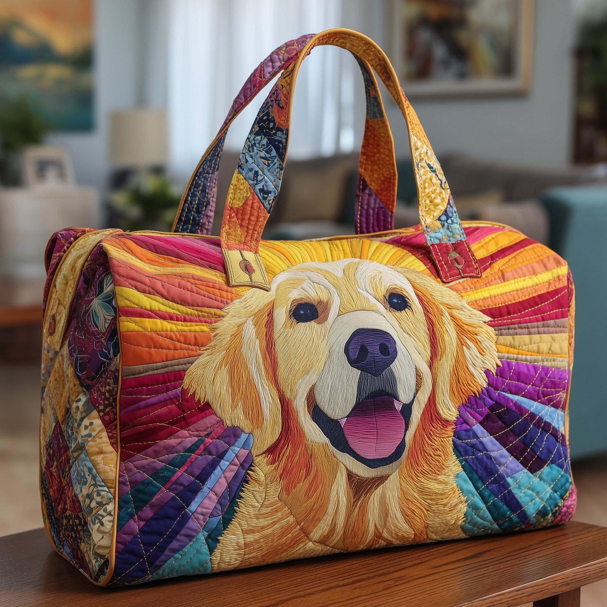Cheerful Golden Retriever Quilted Duffle Bag Womens Large Travel Duffel Bag Gifts For Mom From Daughter