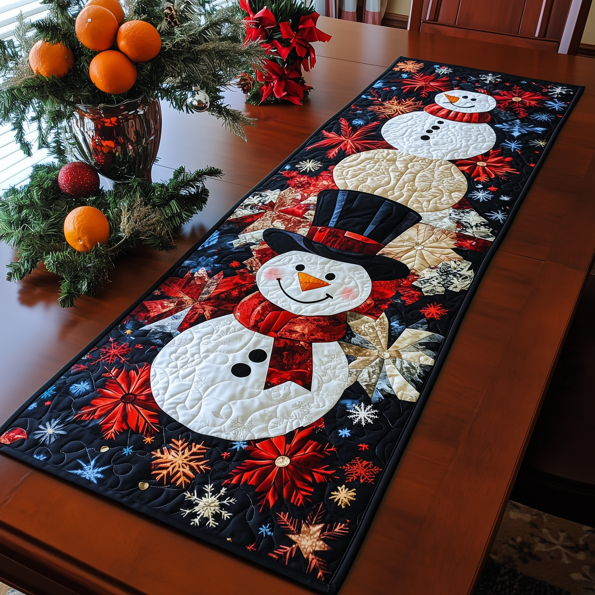Cheerful Snowman Quilted Table Runner Christmas Dining Table Decor Family Xmas Presents