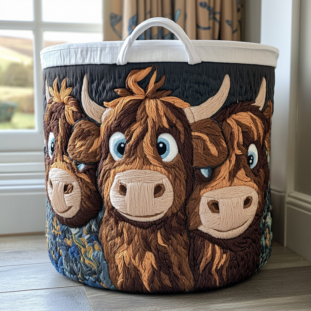 Cheerful Trio Quilted Laundry Basket Foldable Clothes Hamper Highland Cow Stuff Gifts
